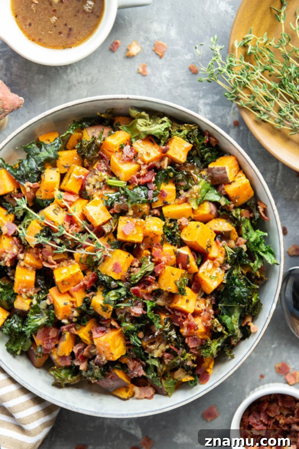 Hearty Sweet Potato Medley with Savory Bacon Infusion 2 Warm Sweet Potato and Kale Salad with Bacon Dressing