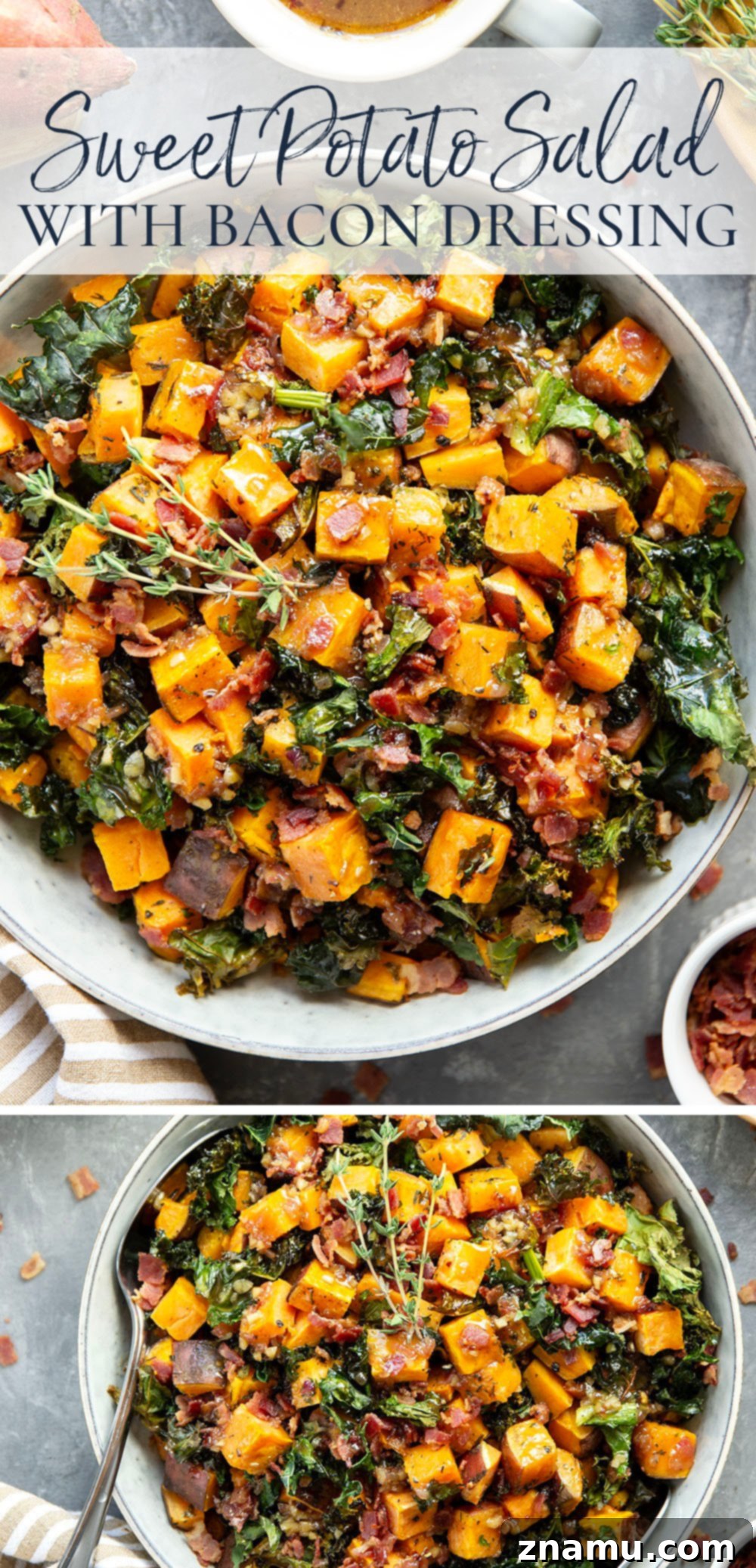 Hearty Sweet Potato Medley with Savory Bacon Infusion 7 Overhead shot of warm sweet potato salad with serving spoon