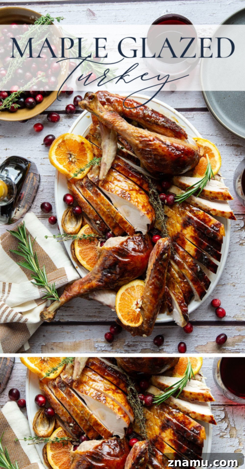 Golden Maple Turkey Roast 7 A beautifully presented serving platter of carved Maple Glazed Turkey, garnished with fresh herbs, cranberries, and orange slices. The dish is ready to be served, highlighting the delicious result of this easy no-brine Thanksgiving recipe.