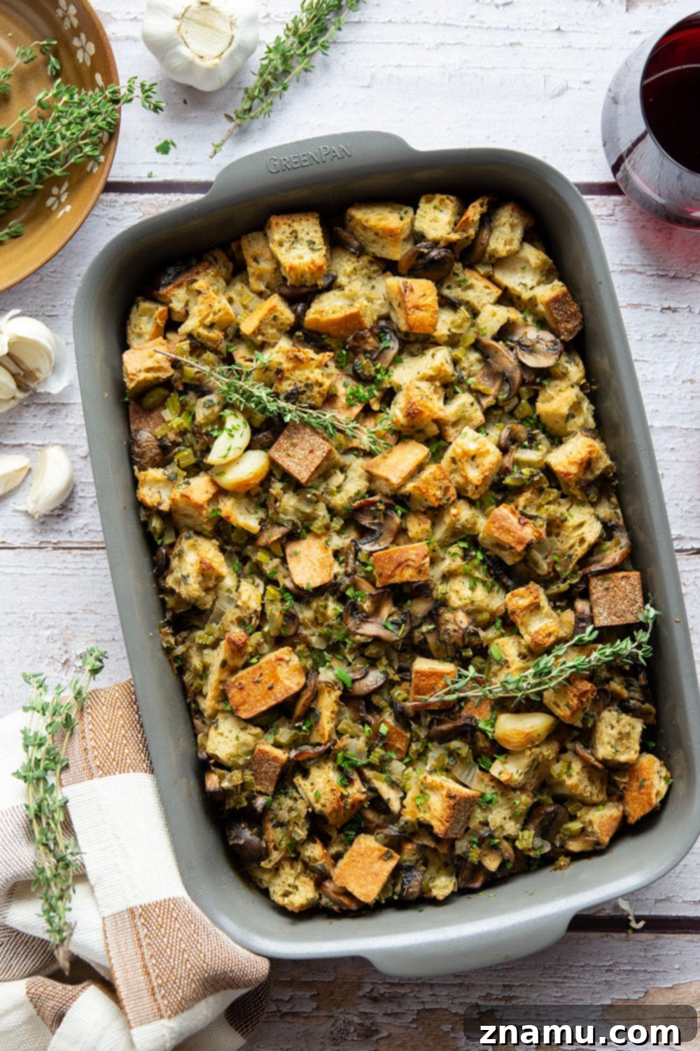 Savory Roasted Garlic Mushroom Stuffing 4 A close-up of the delicious Roasted Garlic Mushroom Stuffing, highlighting its moist texture and golden-brown top.