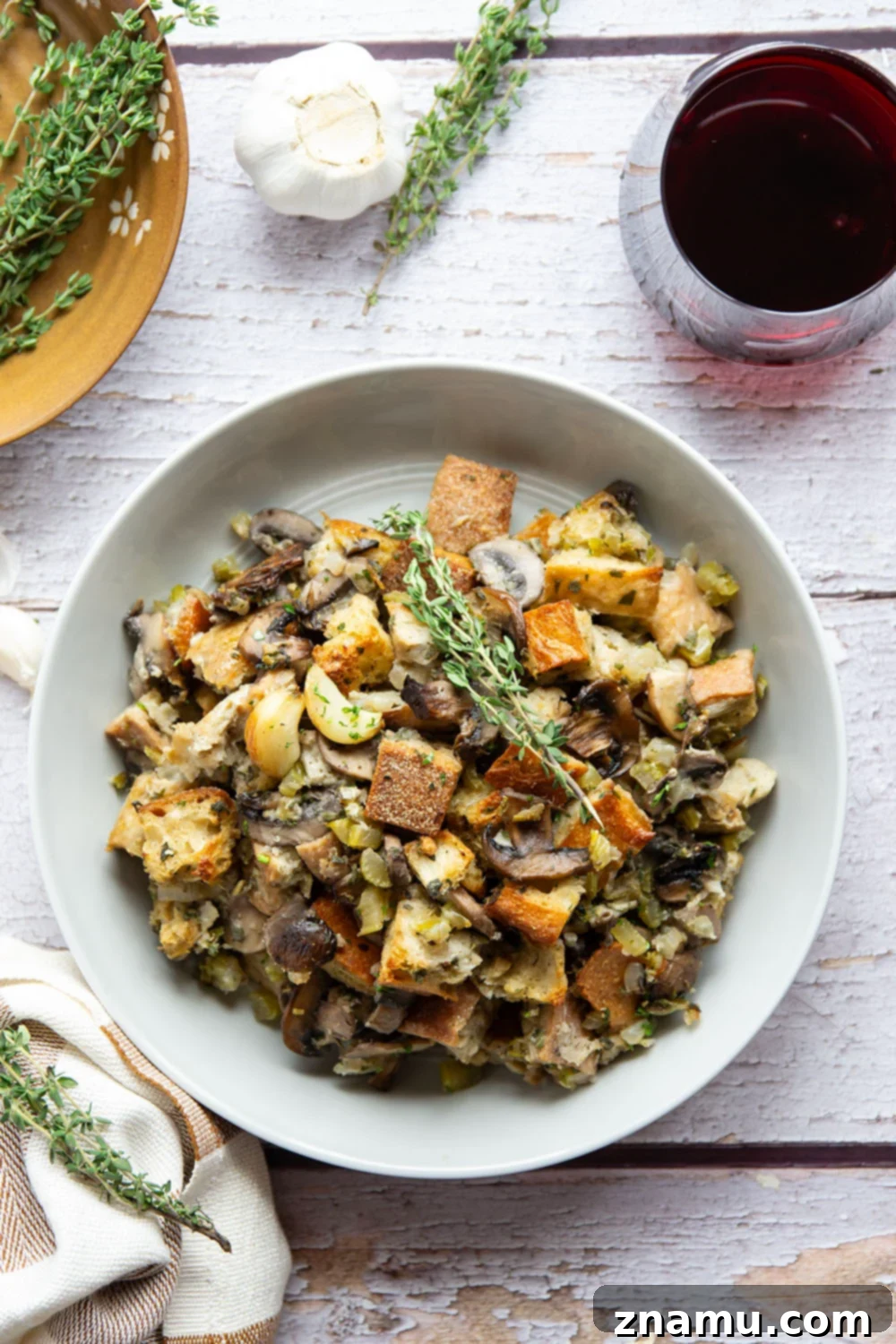 Savory Roasted Garlic Mushroom Stuffing 5 Toasted bread cubes, ready to absorb savory flavors for the best roasted garlic mushroom stuffing.