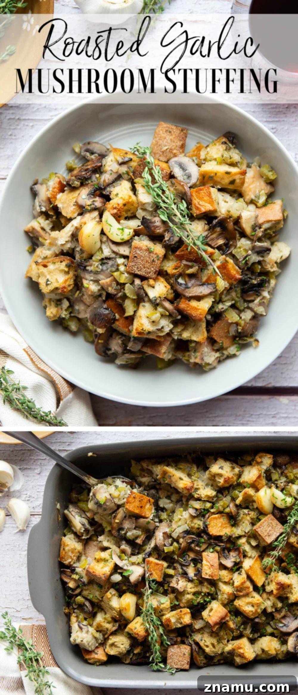 Savory Roasted Garlic Mushroom Stuffing 7 A generous serving of homemade Roasted Garlic Mushroom Stuffing, garnished with fresh herbs.