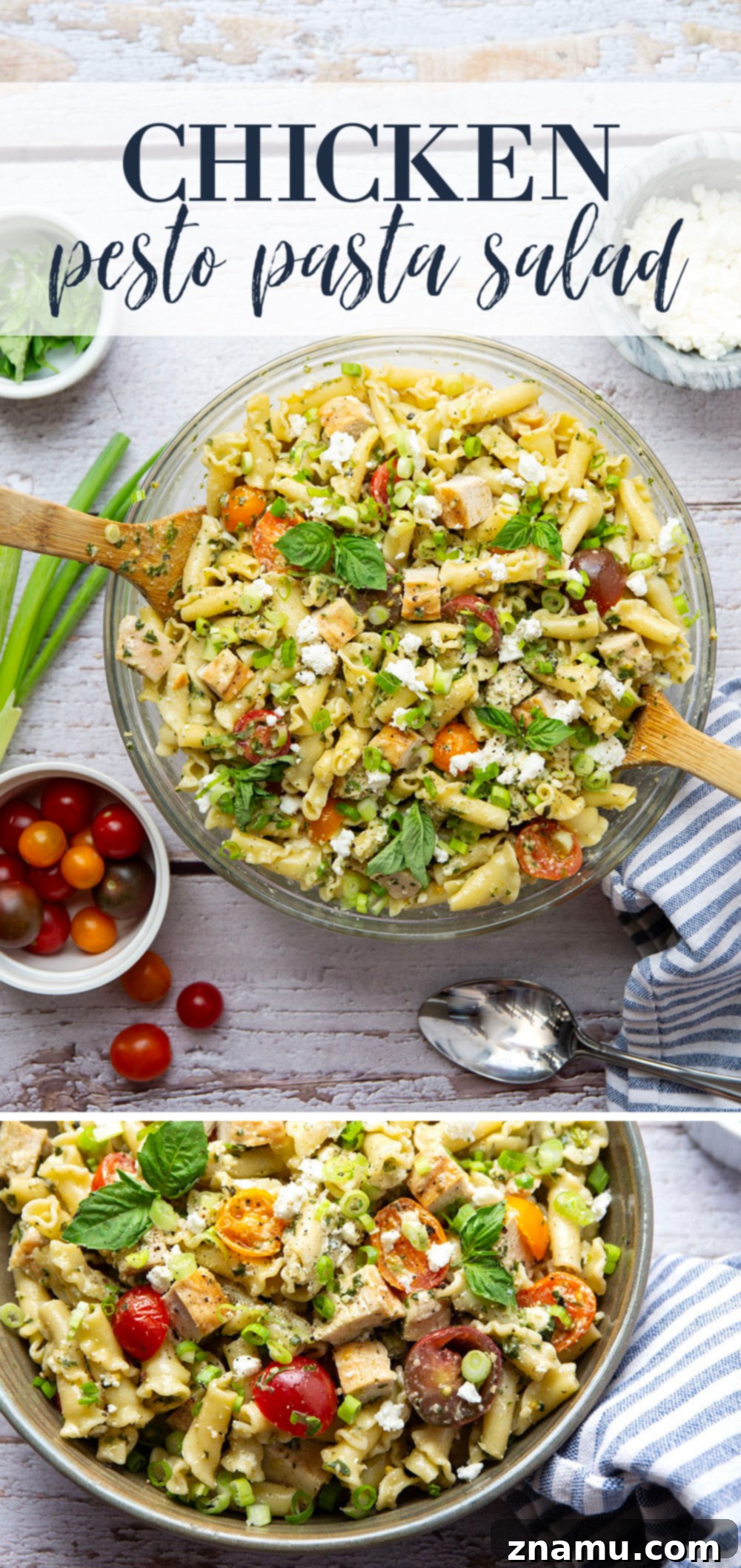 Vibrant Pesto Chicken Pasta Toss 7 A large serving bowl of chicken pesto pasta salad, garnished with fresh basil, ready for a gathering.