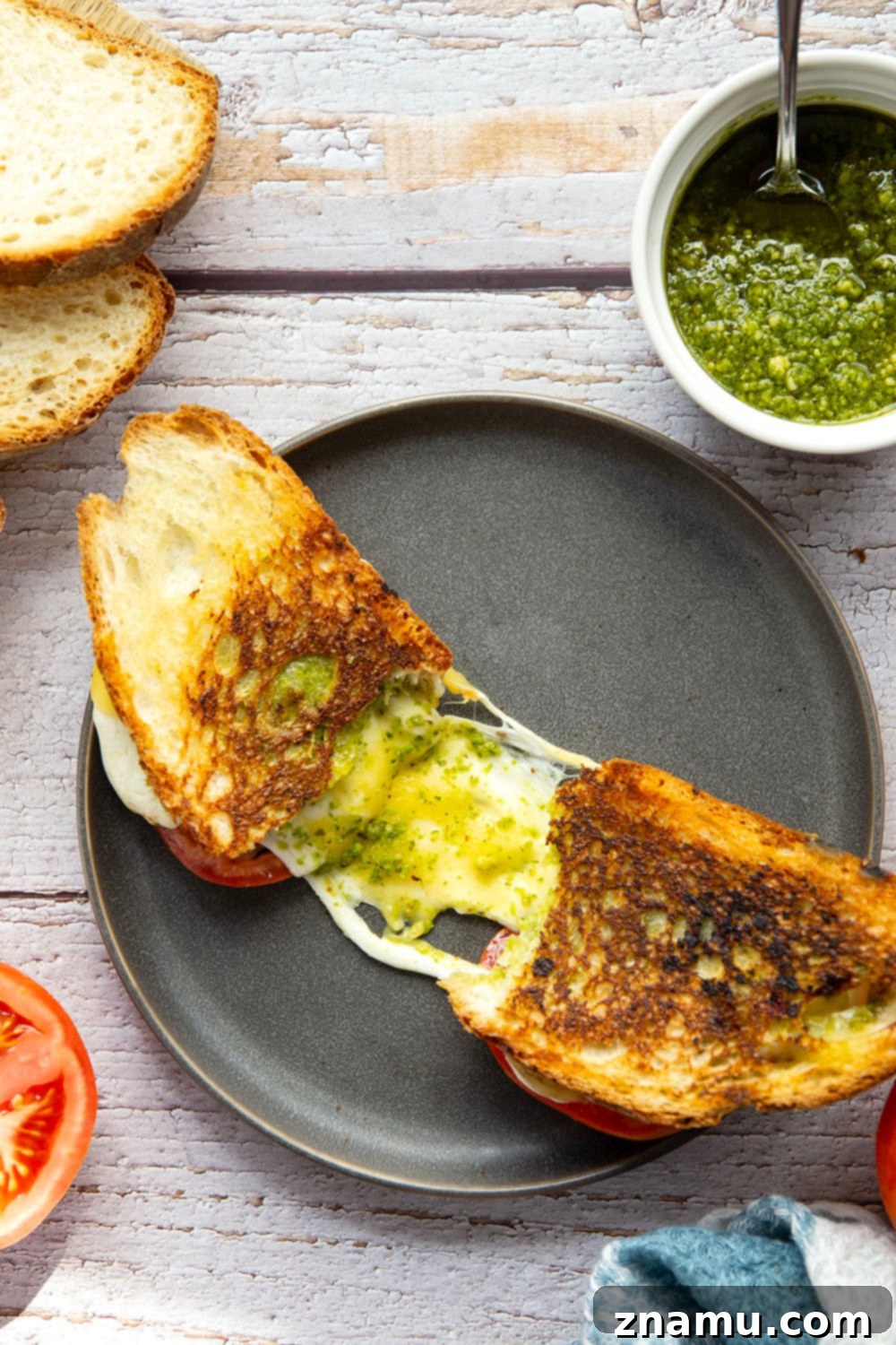 Gourmet Pesto Melt 5 Stack of pesto grilled cheese sandwiches ready to be served