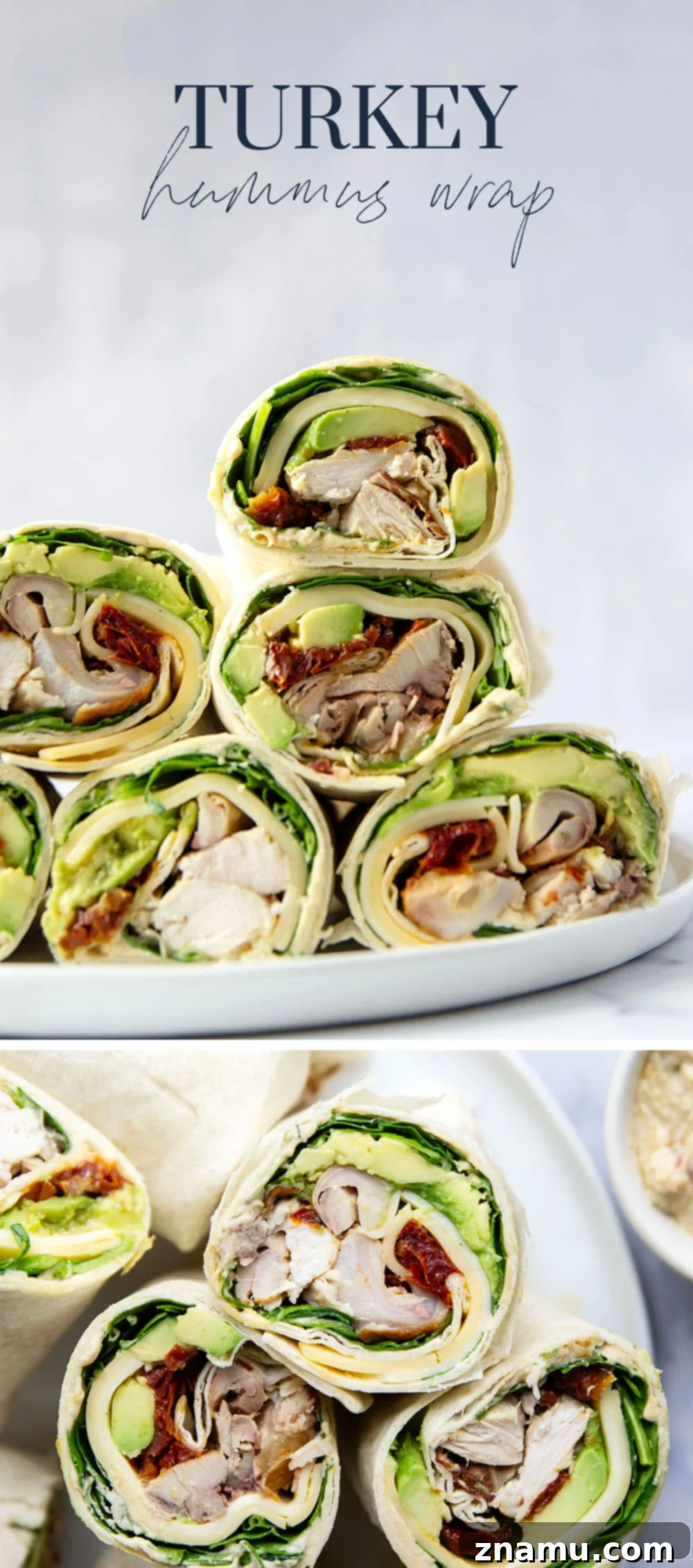 Mediterranean Turkey Hummus Wrap with Sun-Dried Tomatoes 7 An appetizing platter of turkey hummus wraps, cut in half and ready to serve.