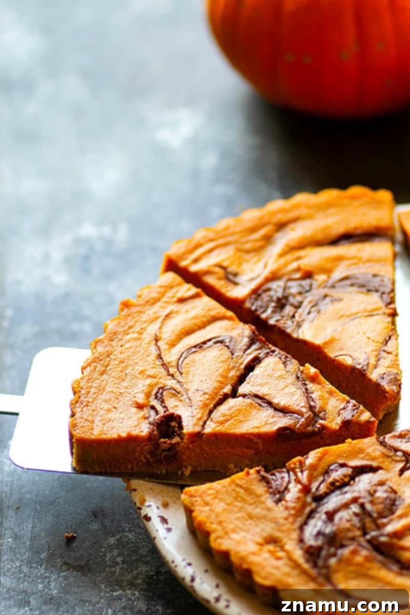 Your Thanksgiving Feast Roadmap 25 A slice of Milk Chocolate Swirl Pumpkin Tart, showcasing the elegant swirls of chocolate and pumpkin filling, with a crumbly crust.