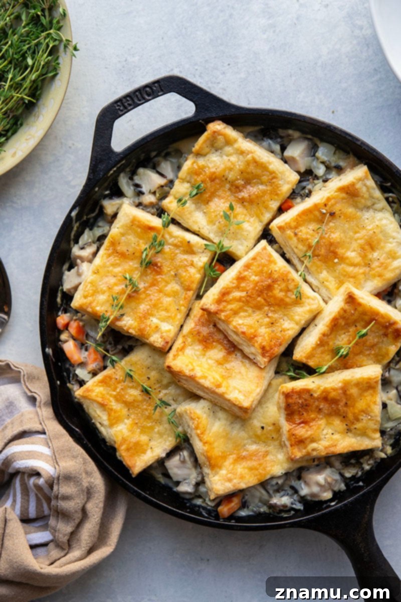 Your Thanksgiving Feast Roadmap 30 A bubbling Turkey Wild Rice Pot Pie, topped with golden, flaky pastry, freshly baked and ready to be served.
