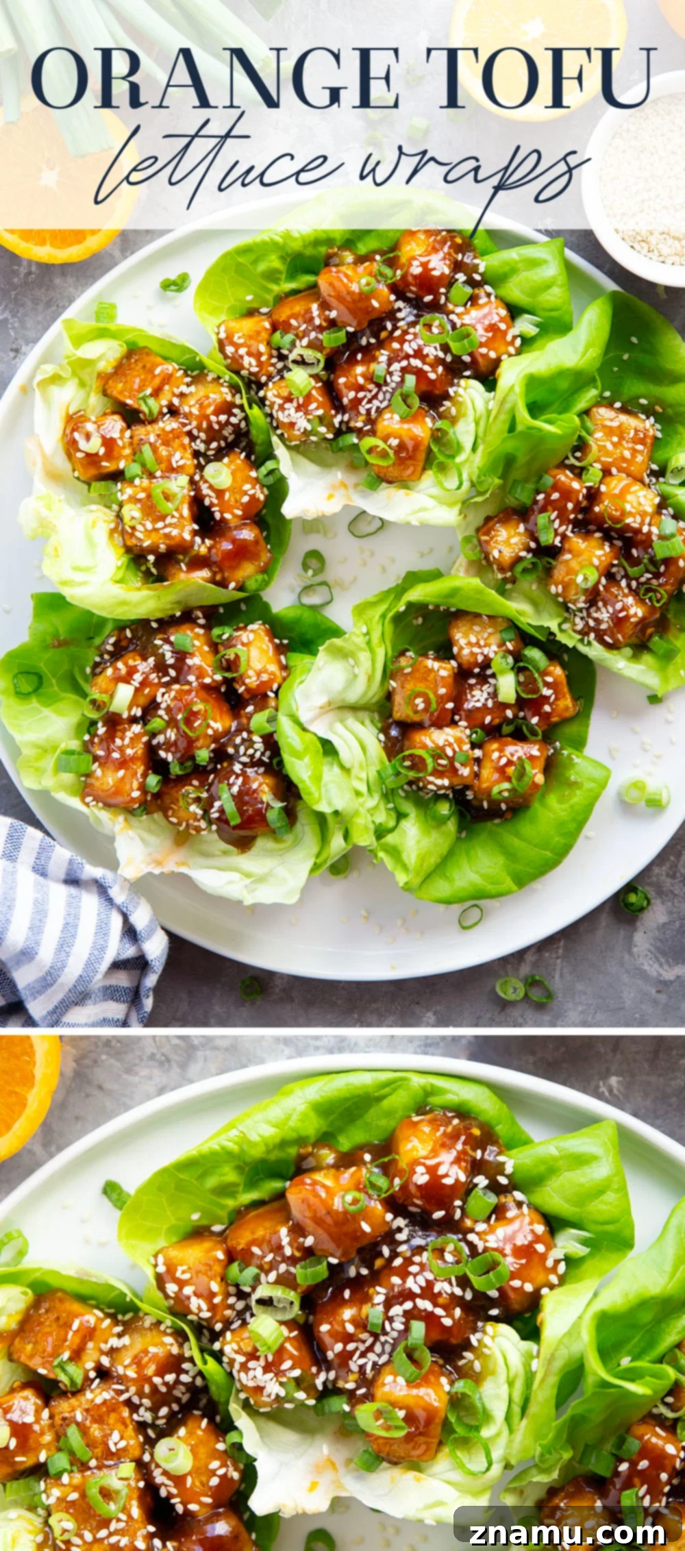 Orange tofu lettuce wraps served on a platter.