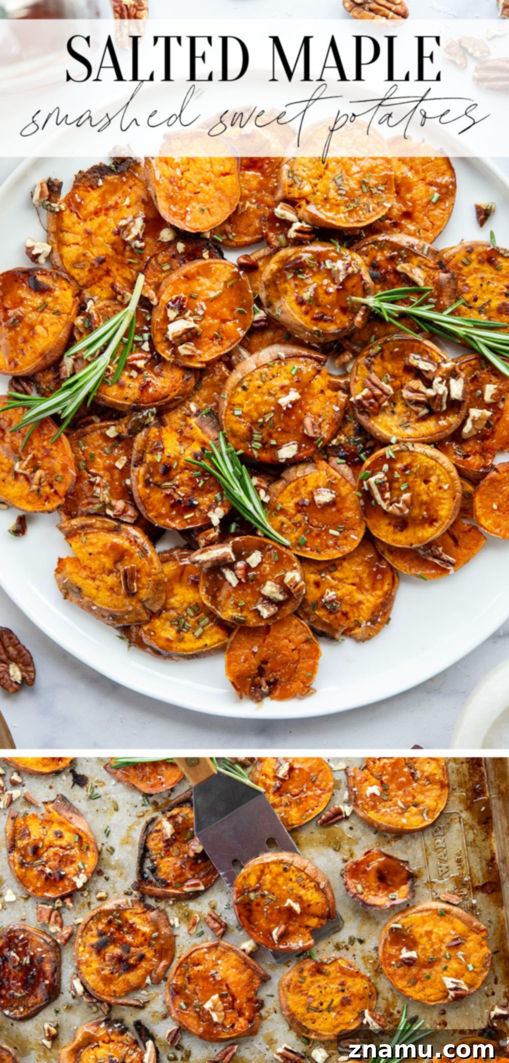 A large platter of salted maple smashed sweet potatoes, ready to be served.