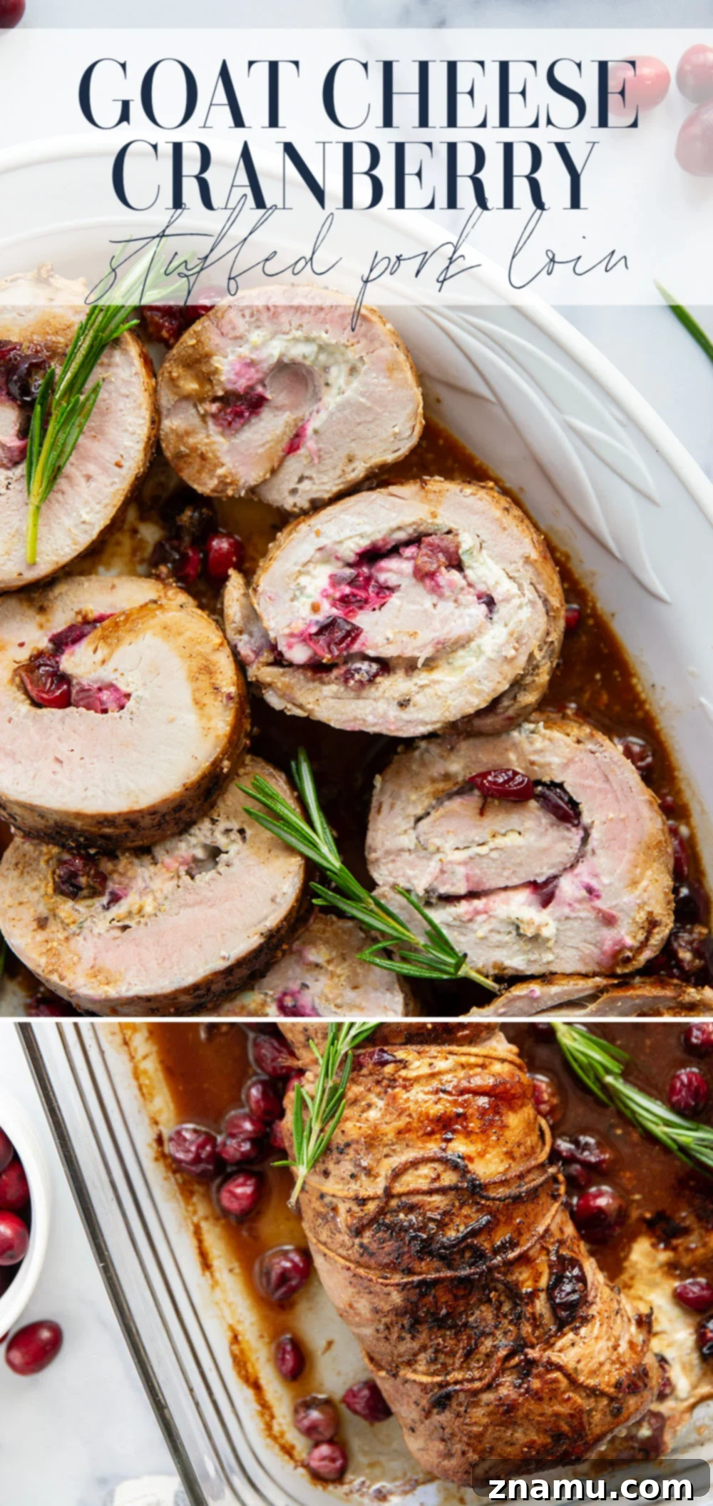 Whole Goat Cheese Cranberry Stuffed Pork Loin on a carving board, ready to be sliced