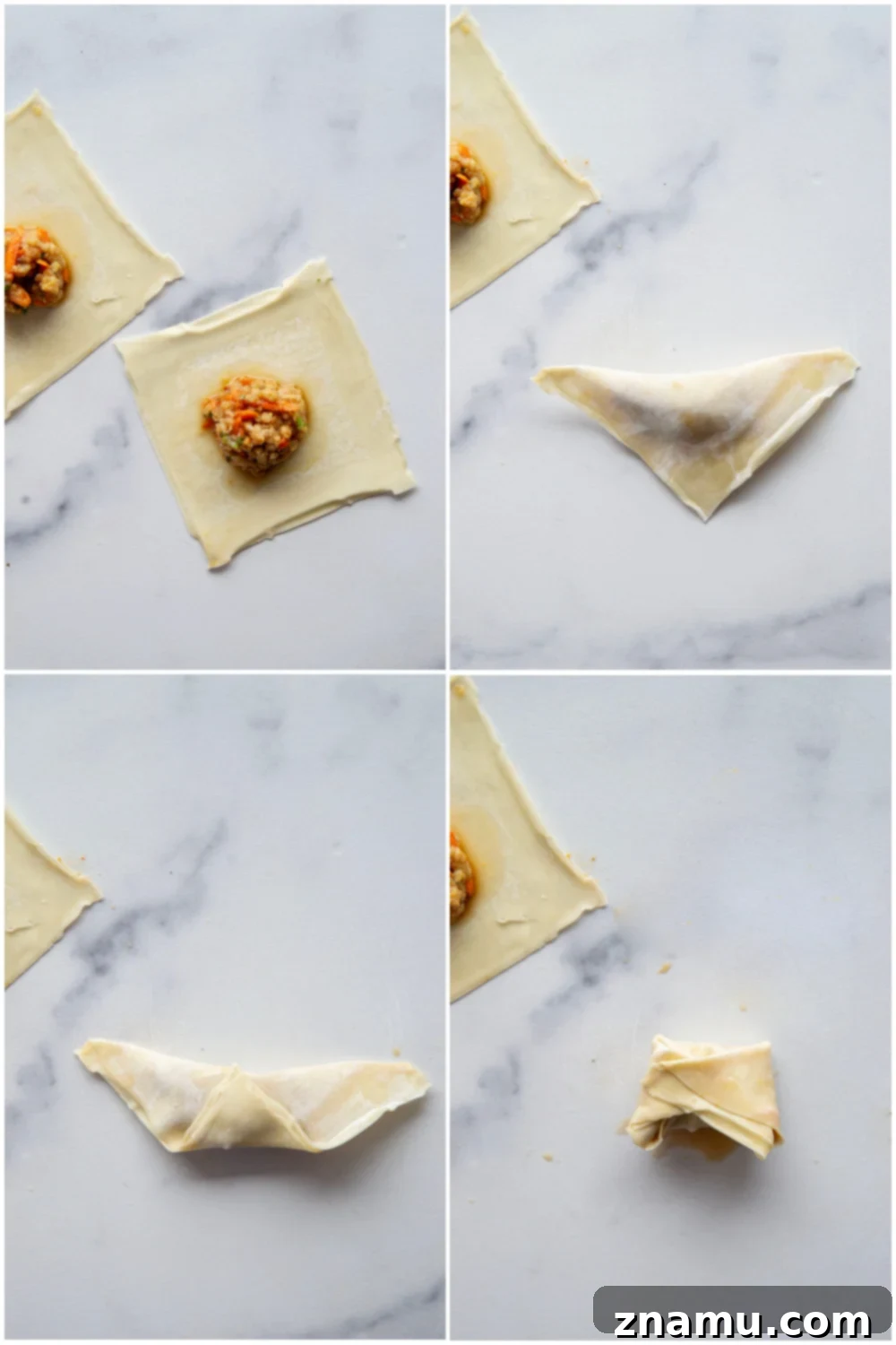 Step-by-step image of folding wontons into a triangle shape