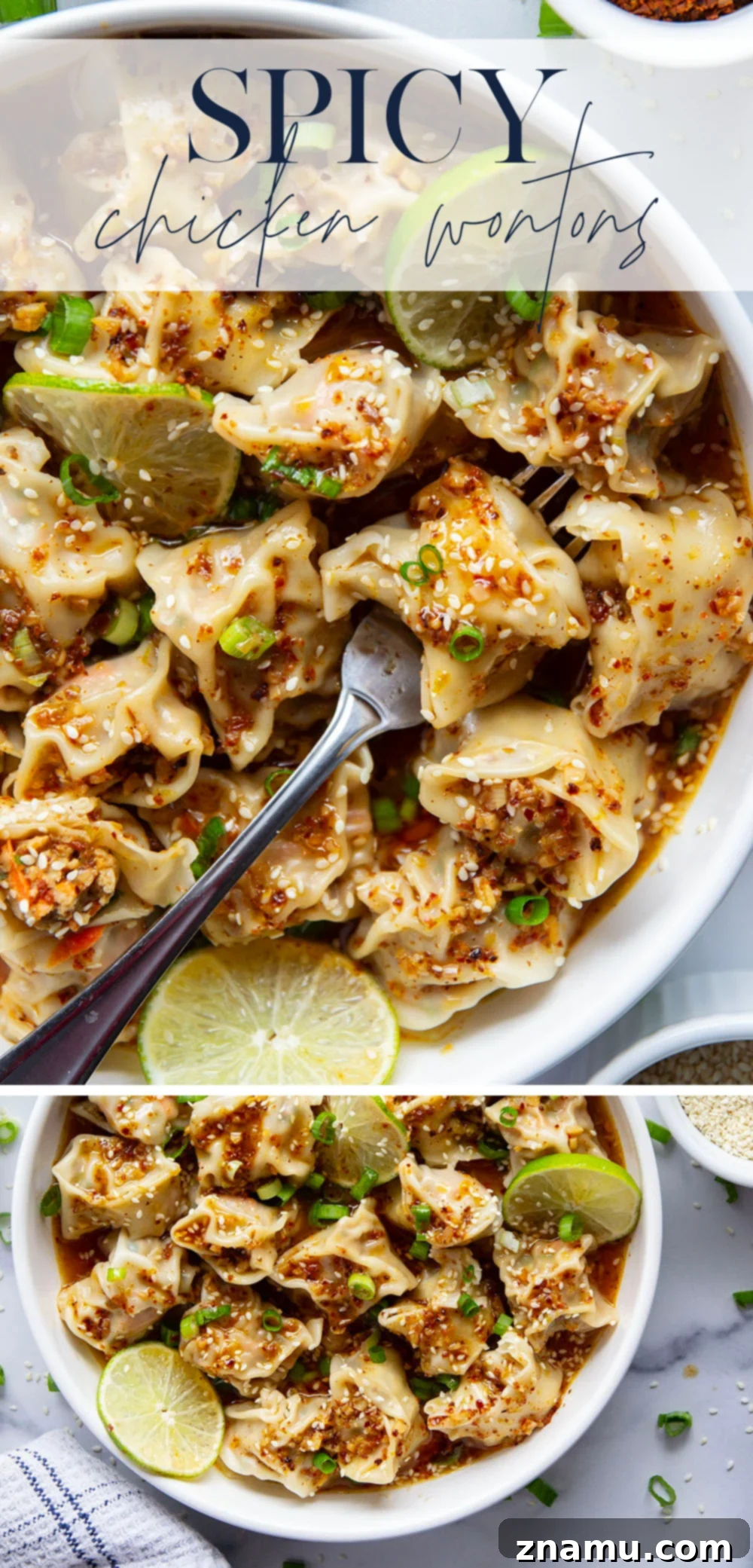 Overhead shot of spicy chicken wontons with sauce and fresh herbs in a white bowl