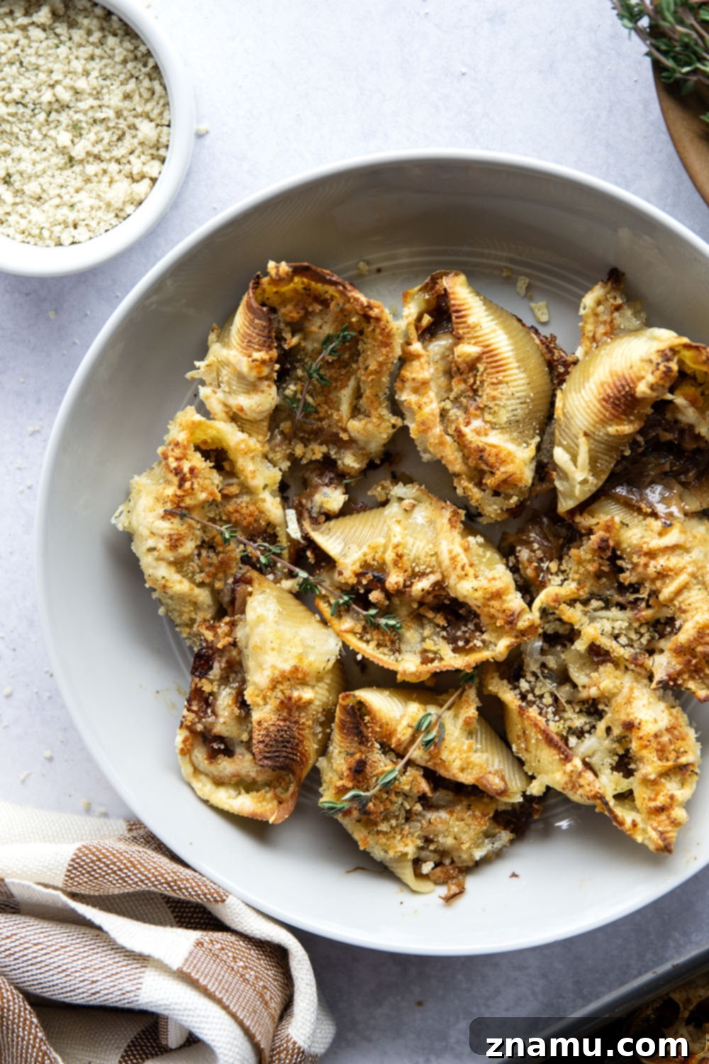 Caramelized Onion Gruyère Stuffed Shells 5 Generous serving of French Onion Stuffed Shells, showing the rich filling and golden cheese.