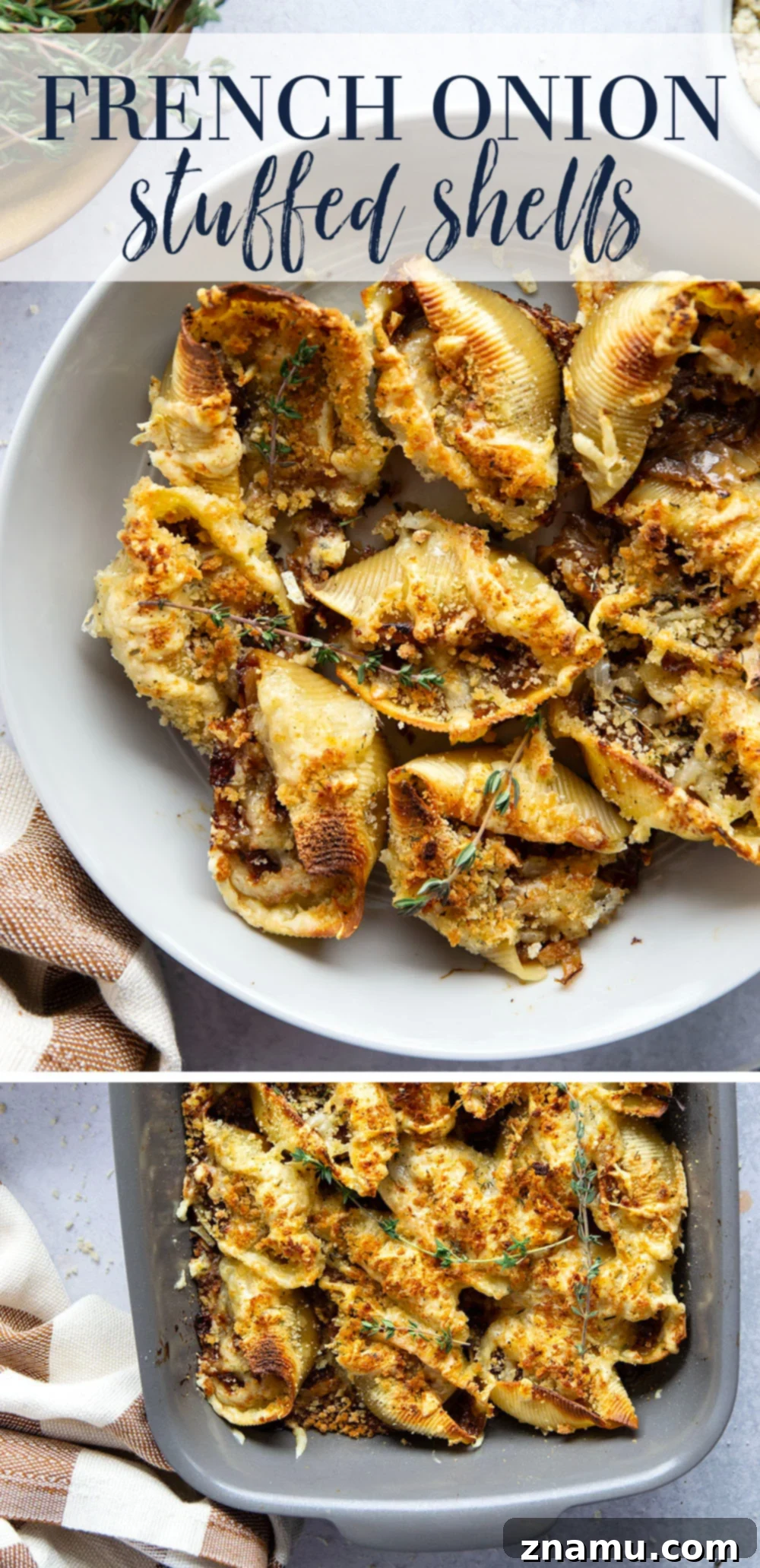 Caramelized Onion Gruyère Stuffed Shells 7 Platter of French Onion Stuffed Shells with a sprinkle of fresh herbs.