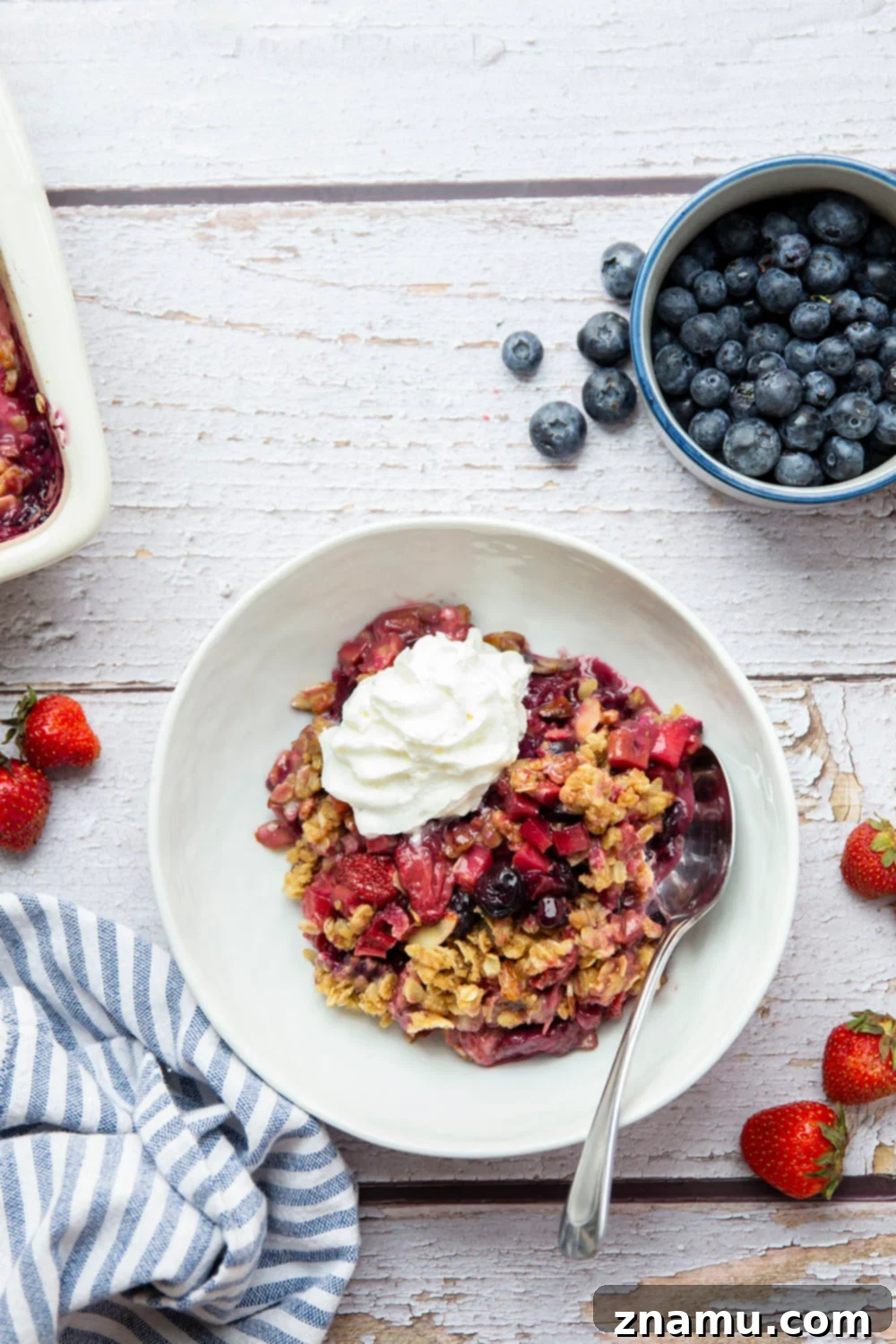 Homestyle Rhubarb Berry Delight 2 A vibrant Rhubarb Berry Crisp, warm from the oven, showcasing a golden streusel topping and juicy fruit filling, ready to be served.
