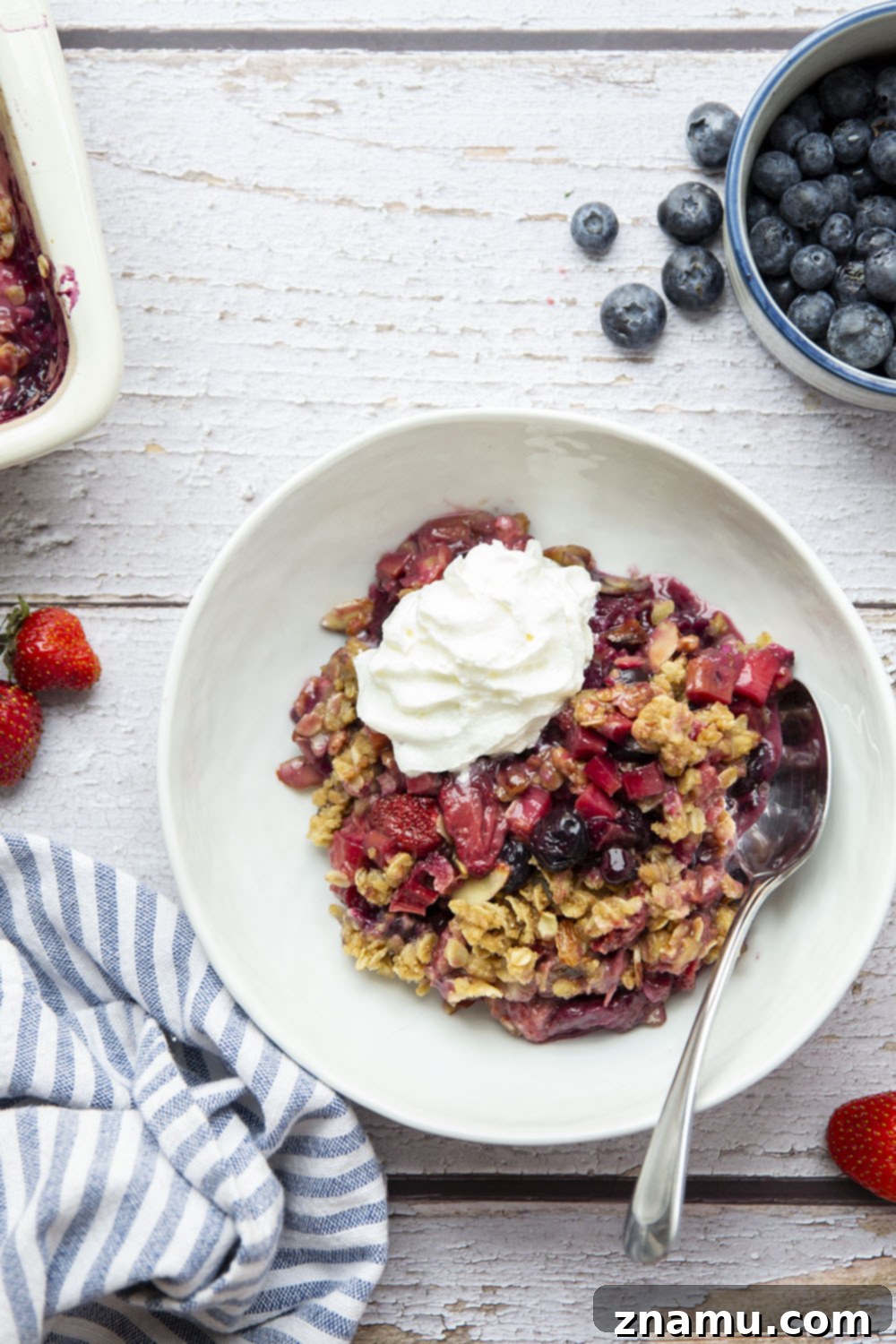 Homestyle Rhubarb Berry Delight 6 A large pan of freshly baked Rhubarb Berry Crisp, still warm and bubbly, ready for serving.