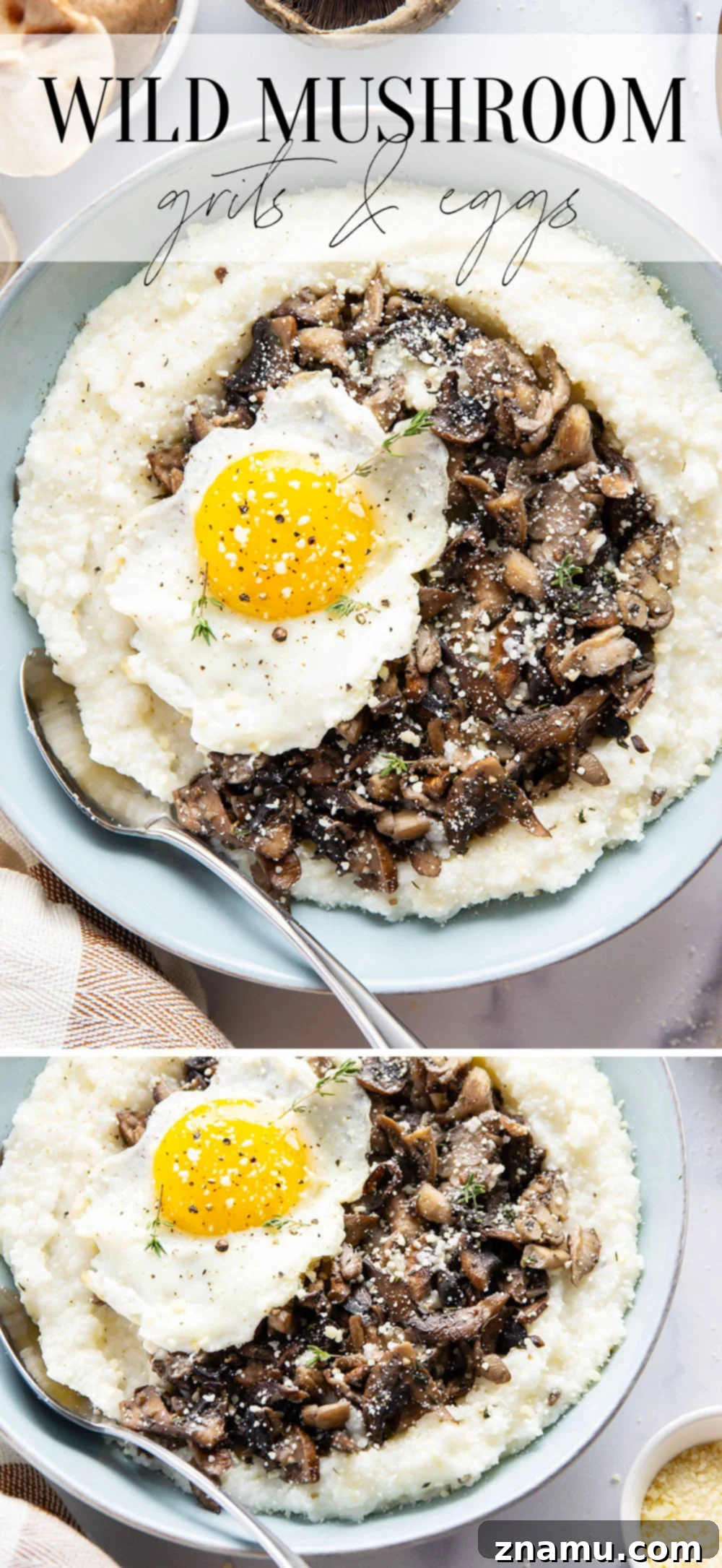 A final overhead shot of a prepared bowl of Wild Mushroom Grits and Eggs.