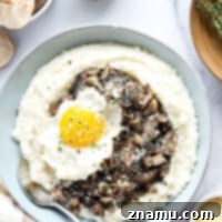 Wild Mushroom Grits and Eggs, a delicious gourmet breakfast.