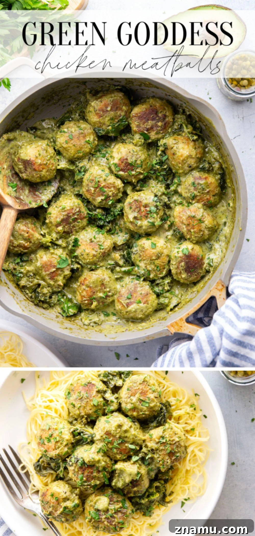 Creamy Green Goddess Chicken Meatballs 7 A hearty serving of green goddess chicken meatballs over pasta.