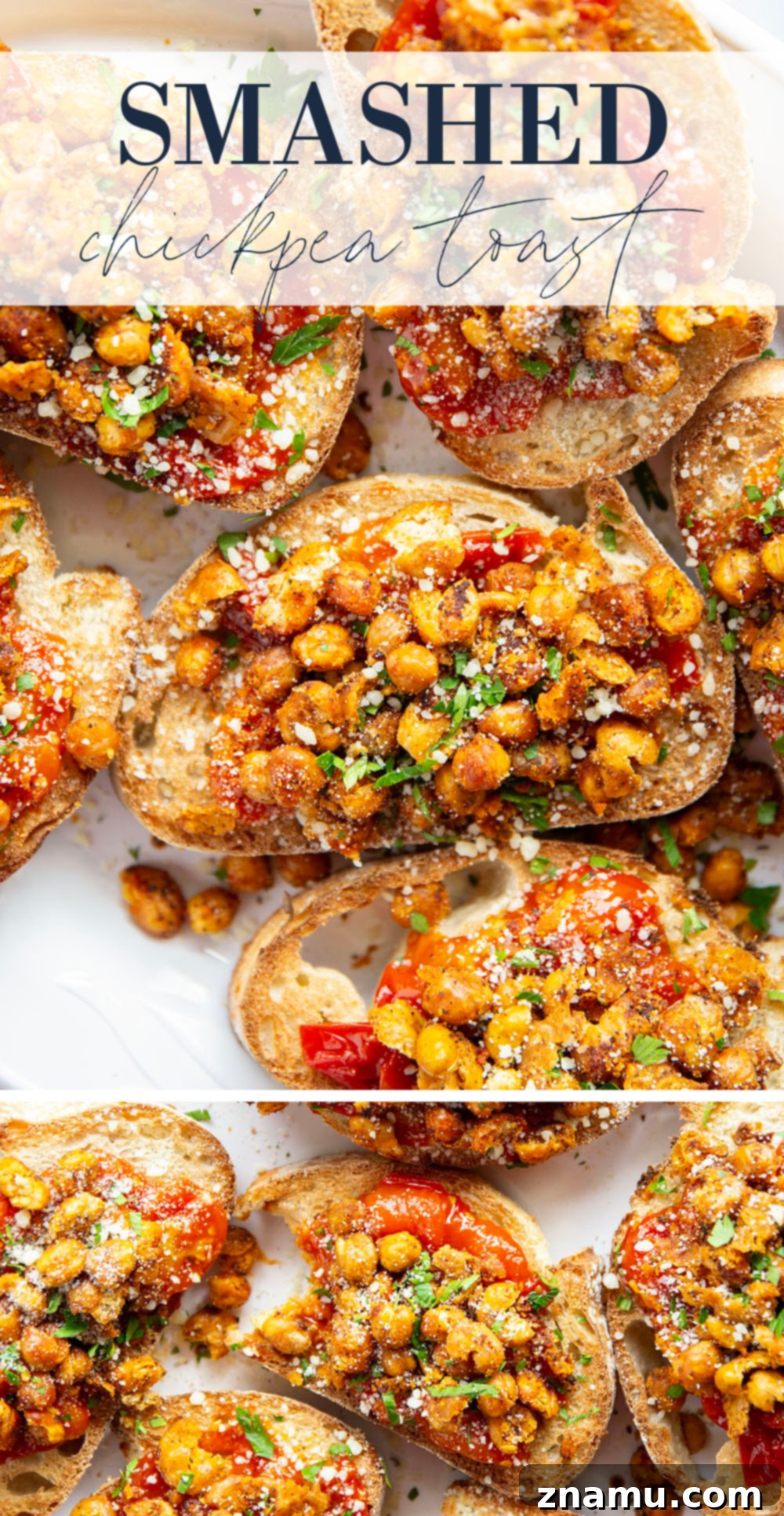 Crispy smashed chickpeas and a simple sweet cherry tomato compote are the perfect pairing in this smashed chickpea toast! Serve it for lunch or mini-sized for an appetizer.