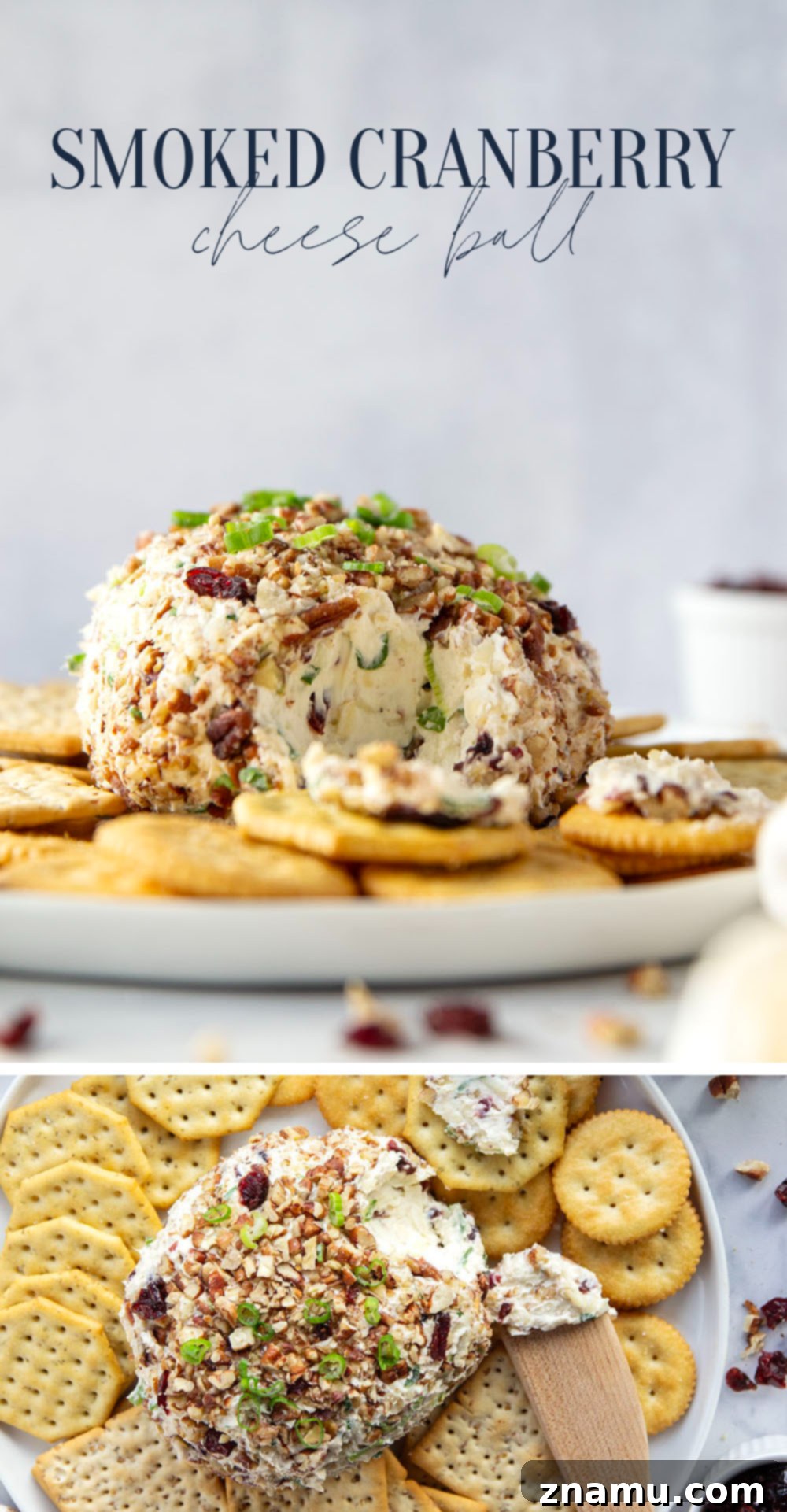Smoky Cranberry Cheese Delight 7 An overhead shot of a beautifully presented Smoked Cranberry Cheese Ball, garnished with fresh rosemary sprigs and surrounded by a selection of gourmet crackers, perfect for a holiday party.
