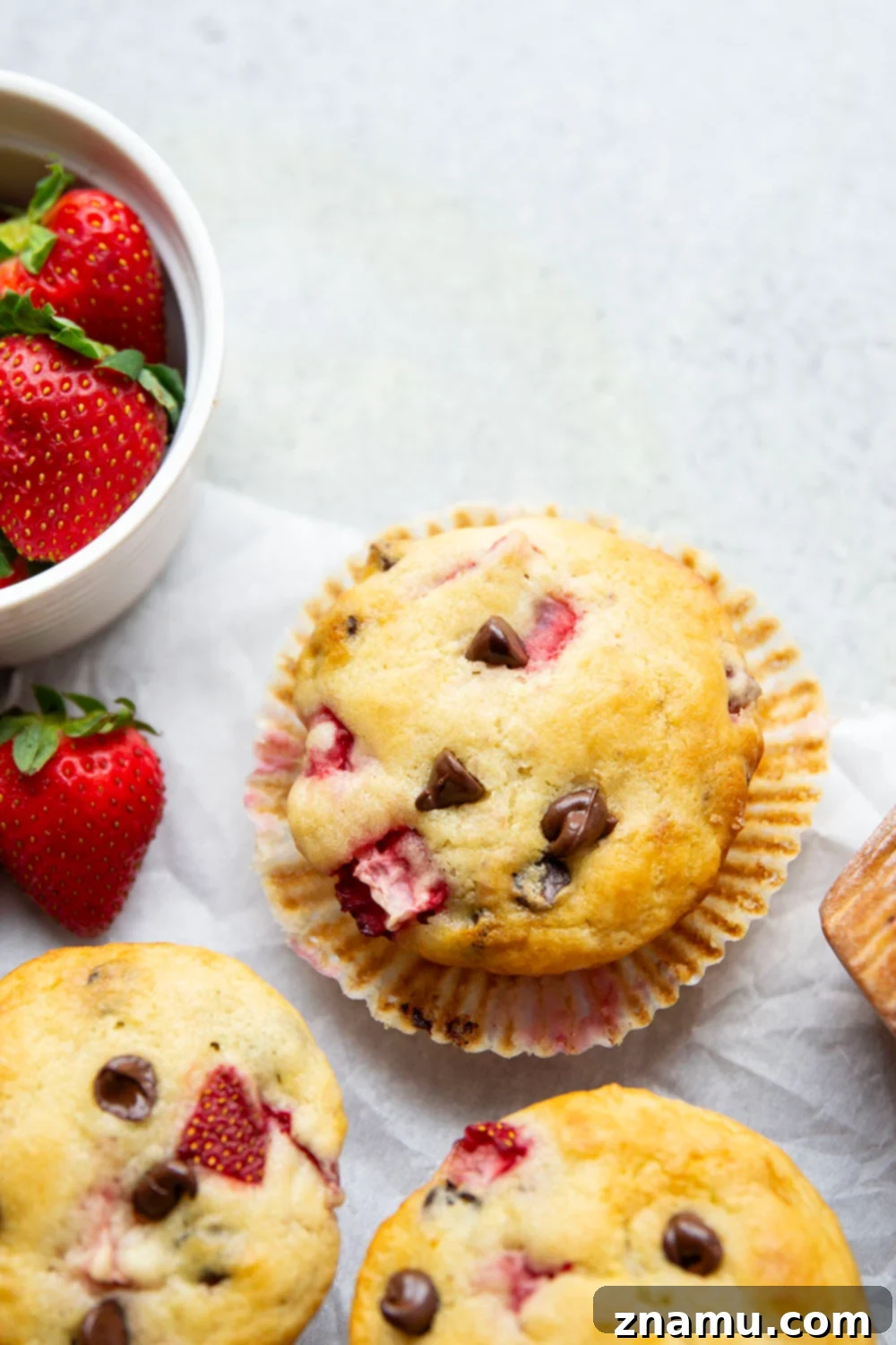Gourmet Strawberry Chocolate Chip Muffins 2 Packed with gooey chocolate chips and juicy fresh strawberries, these strawberry chocolate chip muffins are quick to whip up and a breakfast favorite!