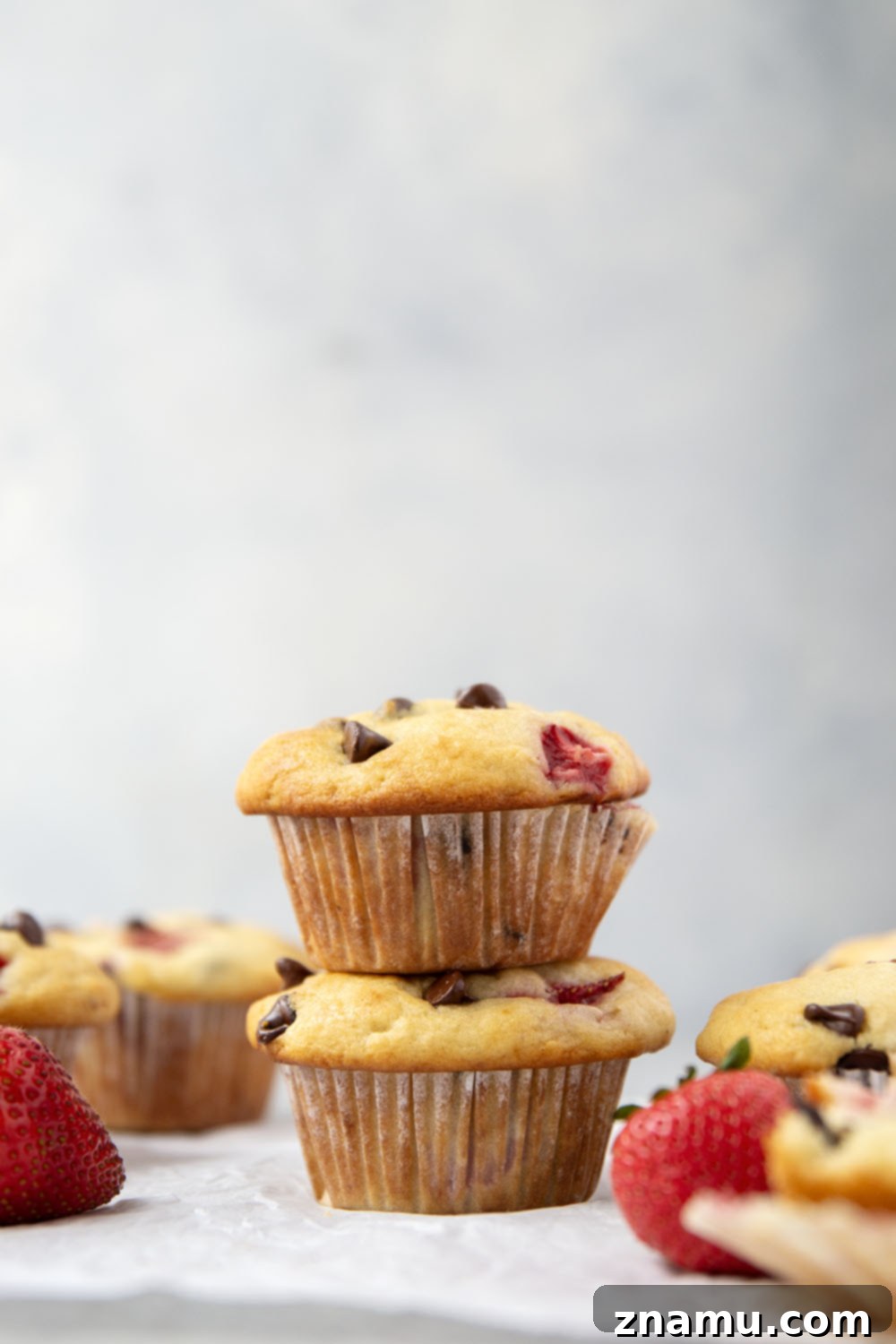 Gourmet Strawberry Chocolate Chip Muffins 4 Packed with gooey chocolate chips and juicy fresh strawberries, these strawberry chocolate chip muffins are quick to whip up and a breakfast favorite!