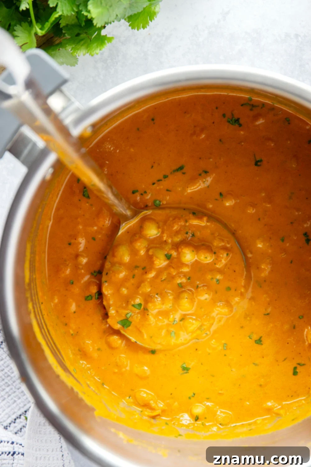 A generous serving of Instant Pot Butter Chickpeas in a bowl, garnished with fresh cilantro.