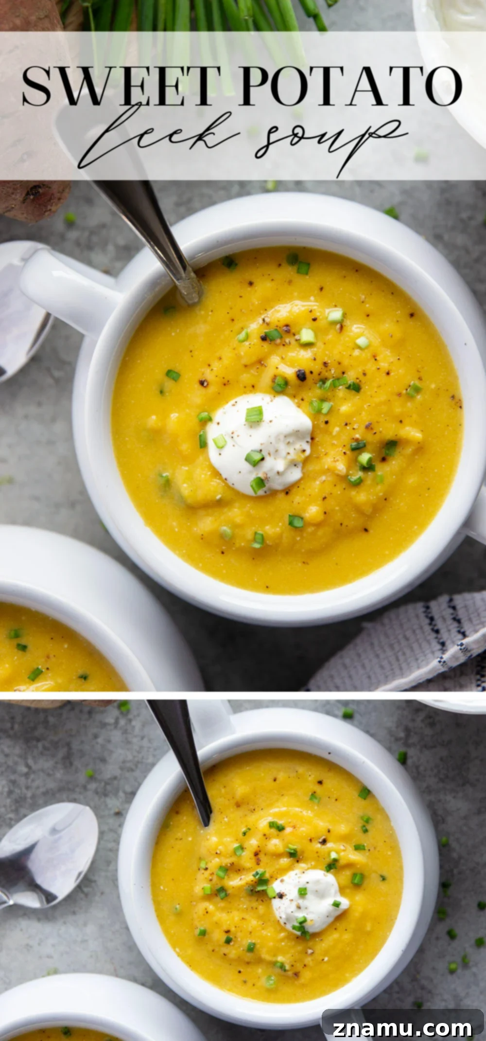 Golden Sweet Potato Leek Bliss 7 Multiple serving suggestions for creamy sweet potato leek soup, including a bowl, a small cup, and bread for dipping.
