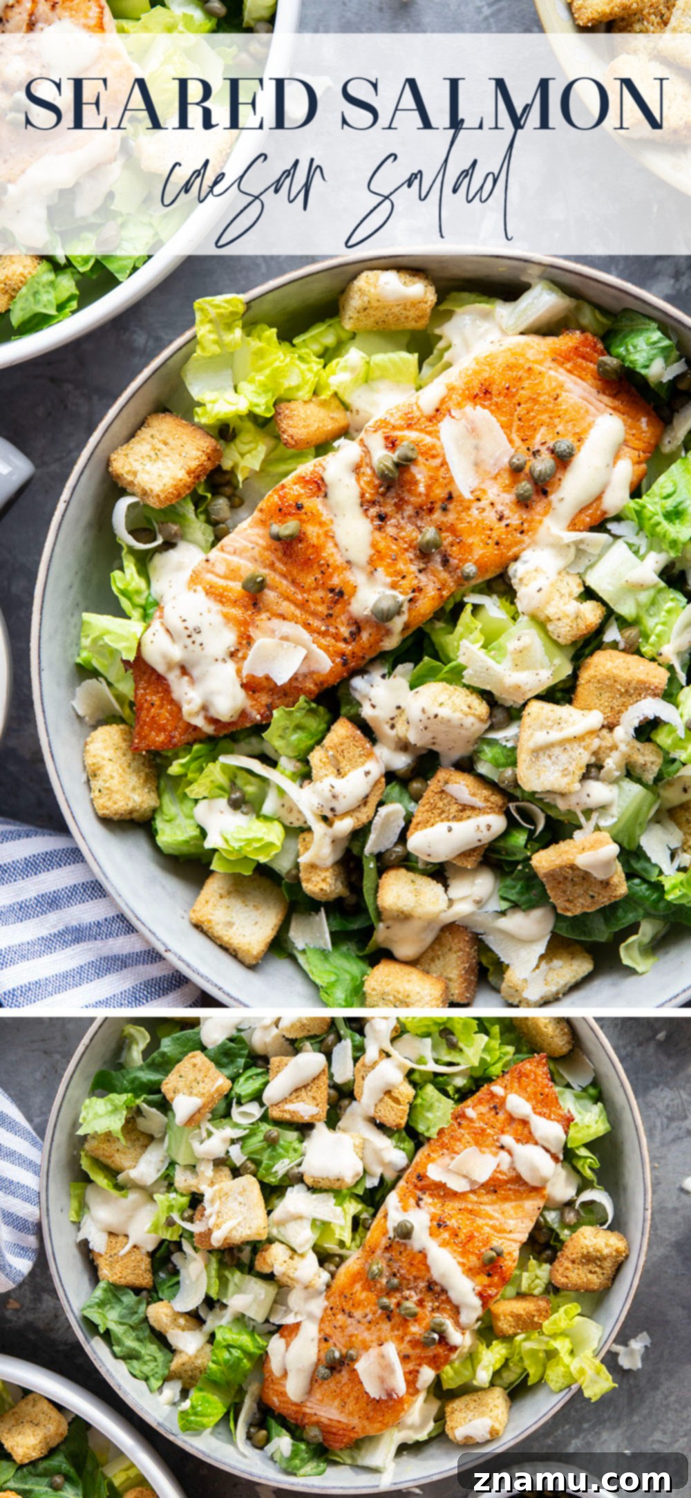 Golden-Crisp Salmon Caesar with Slow-Roasted Garlic Dressing 7 Buttery seared salmon fillets are the perfect meat pairing in this protein-packed seared salmon Caesar salad that features a creamy roasted garlic dressing on top.