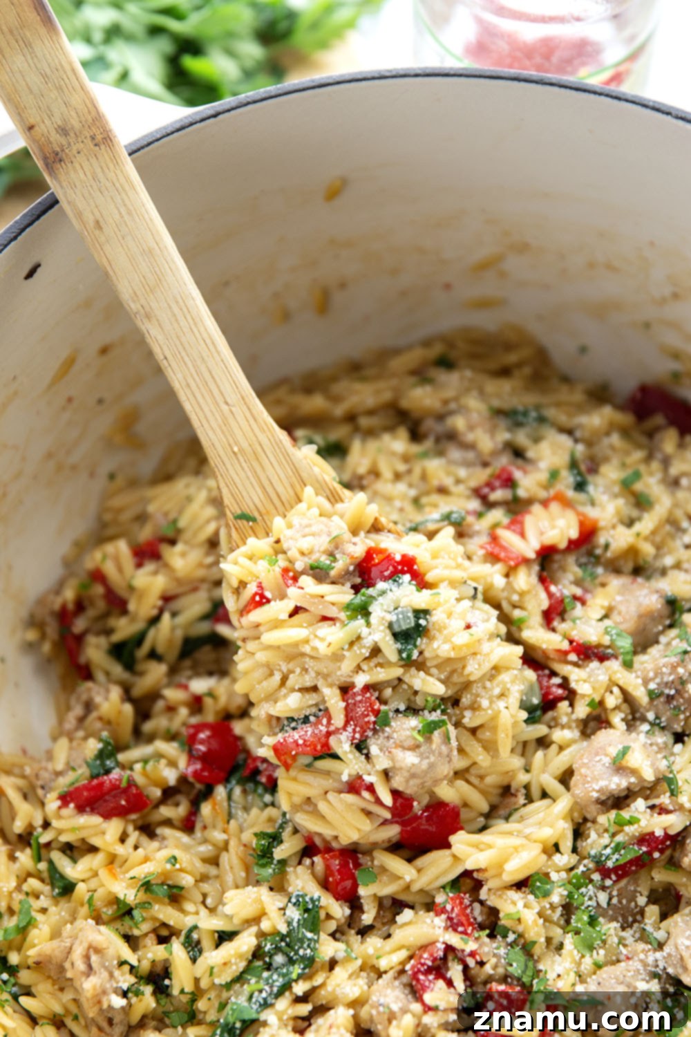 Easy One Pot Chicken Sausage Orzo 4 A serving of One Pot Chicken Sausage Orzo in a white bowl, garnished with fresh parsley, highlighting the small pasta grains and colorful ingredients.