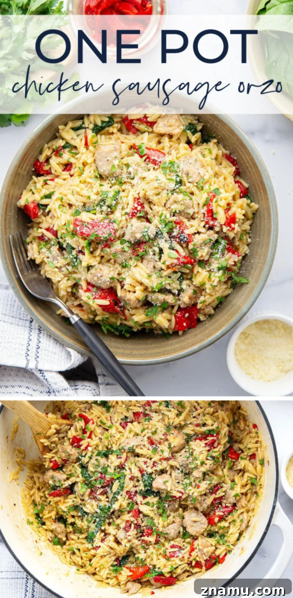 Easy One Pot Chicken Sausage Orzo 7 A beautifully styled flat lay of One Pot Chicken Sausage Orzo in a bowl, with a fork, and a small side of fresh herbs and cheese, ready to eat.