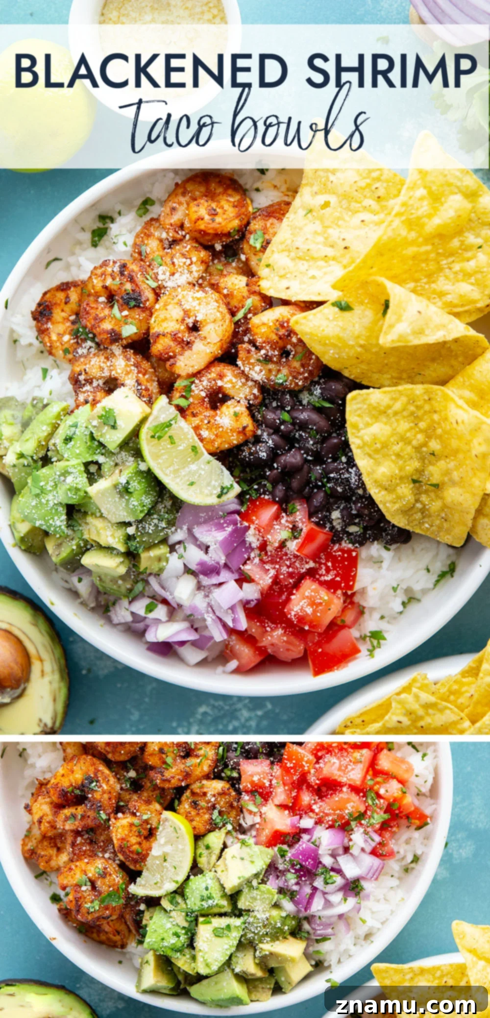 Juicy blackened shrimp is an incredible protein twist in these colorful blackened shrimp taco bowls! Easy to meal prep ahead of time and you can customize them with your favorite toppings.