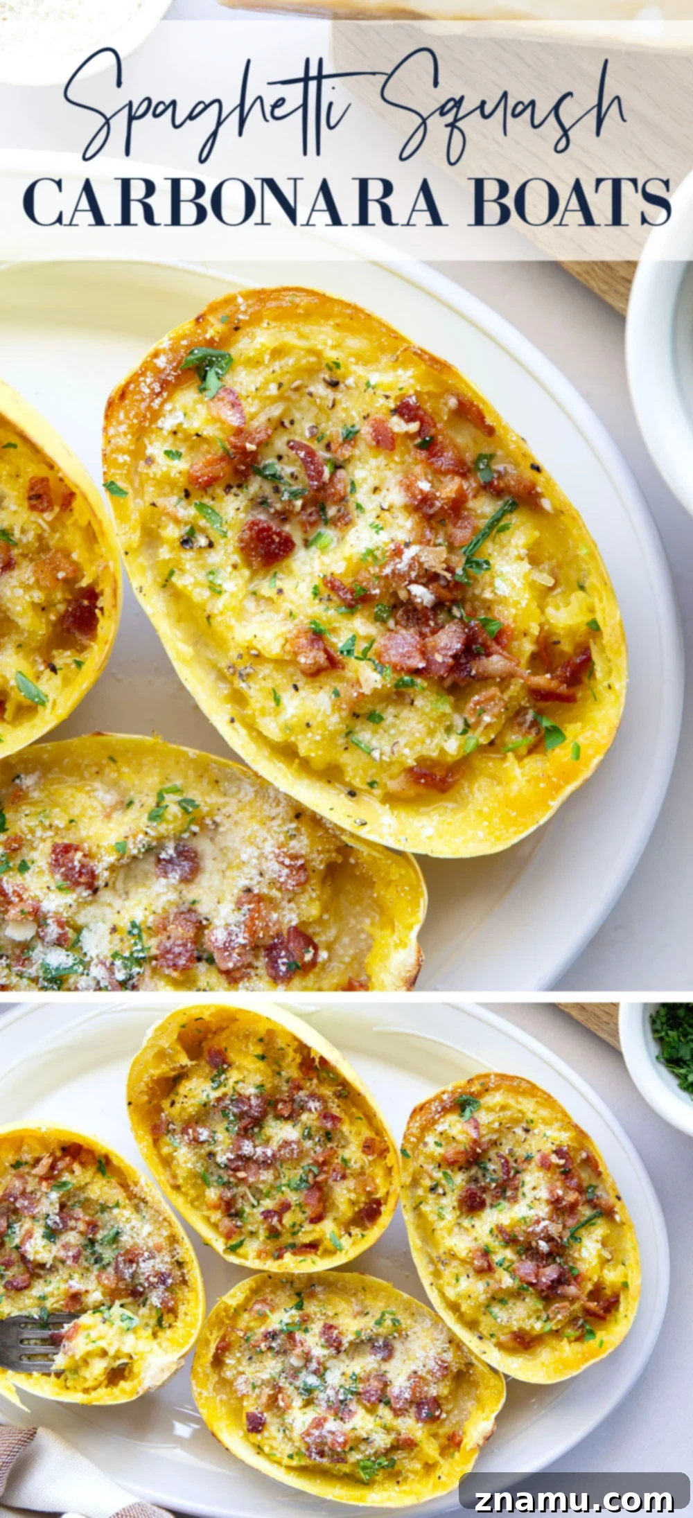 Creamy Spaghetti Squash Carbonara Boats 7 Made with tender roasted spaghetti squash in lieu of typical pasta, these spaghetti squash carbonara boats are rich, creamy, and loaded with lots of crispy bacon and fresh Parmesan!
