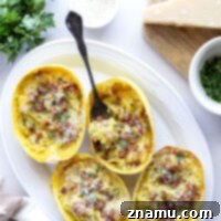 Creamy Spaghetti Squash Carbonara Boats 8 Made with tender roasted spaghetti squash in lieu of typical pasta, these spaghetti squash carbonara boats are rich, creamy, and loaded with lots of crispy bacon and fresh Parmesan!