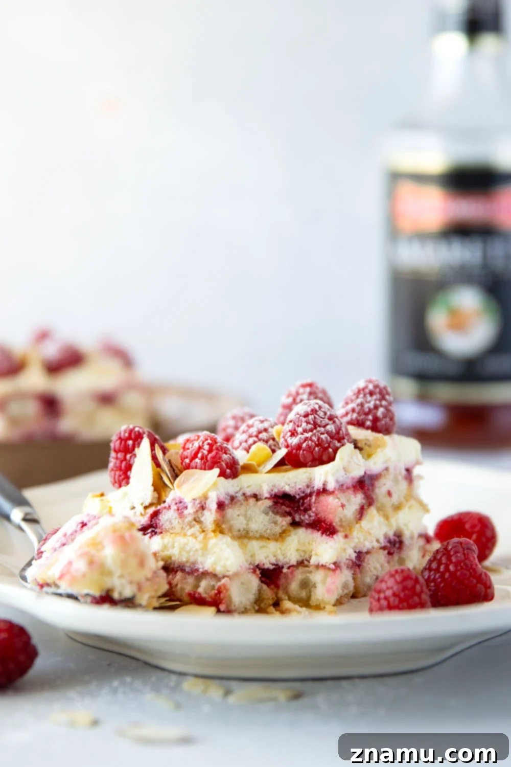 Velvet Amaretto Raspberry Tiramisu 2 This amaretto raspberry tiramisu features layers of coffee and amaretto-soaked ladyfingers, a tangy raspberry sauce, and mounds of fluffy mascarpone cream. A delightful fruity twist on the classic!