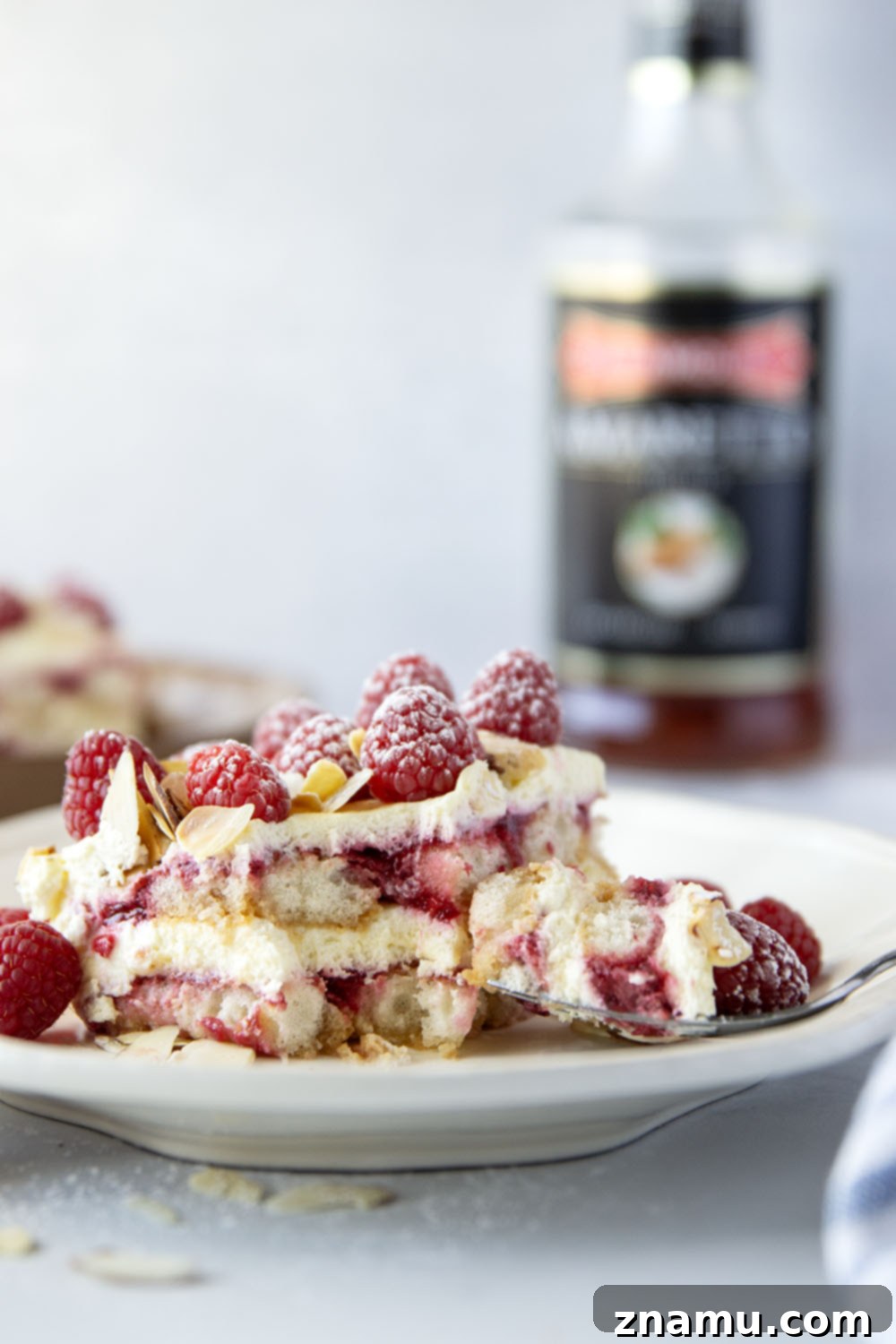 Velvet Amaretto Raspberry Tiramisu 5 This amaretto raspberry tiramisu features layers of coffee and amaretto-soaked ladyfingers, a tangy raspberry sauce, and mounds of fluffy mascarpone cream. A delightful fruity twist on the classic!