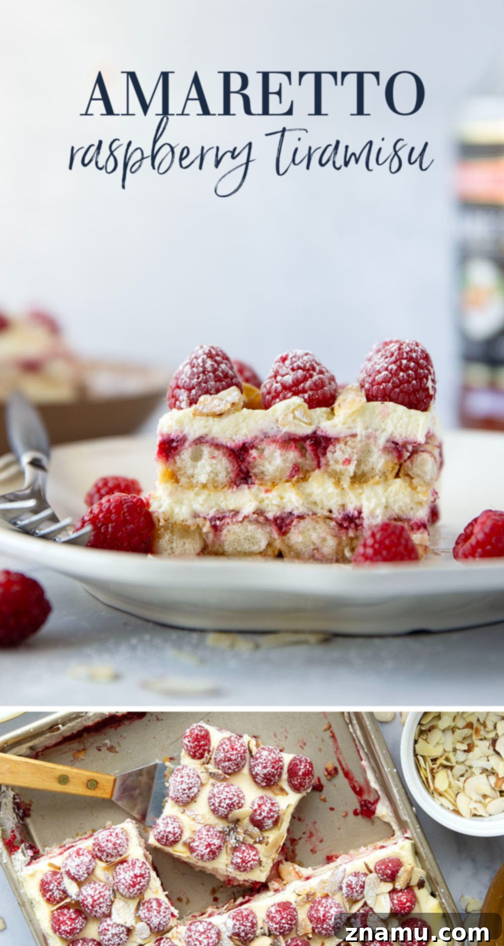 Velvet Amaretto Raspberry Tiramisu 7 This amaretto raspberry tiramisu features layers of coffee and amaretto-soaked ladyfingers, a tangy raspberry sauce, and mounds of fluffy mascarpone cream. A delightful fruity twist on the classic!