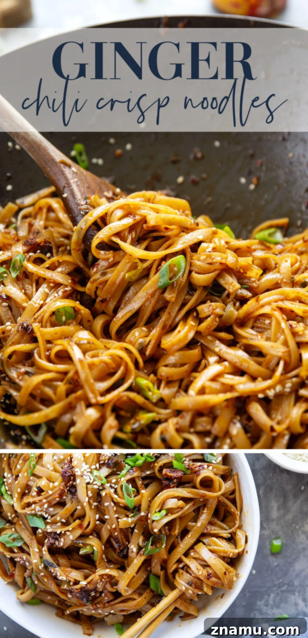Zingy Ginger Chili Crisp Noodles 7 A beautifully styled flat lay of Ginger Chili Crisp Noodles in a bowl with chopsticks, surrounded by ingredients like ginger, garlic, and chili crisp. Perfect for a quick, flavorful Asian-inspired dinner.