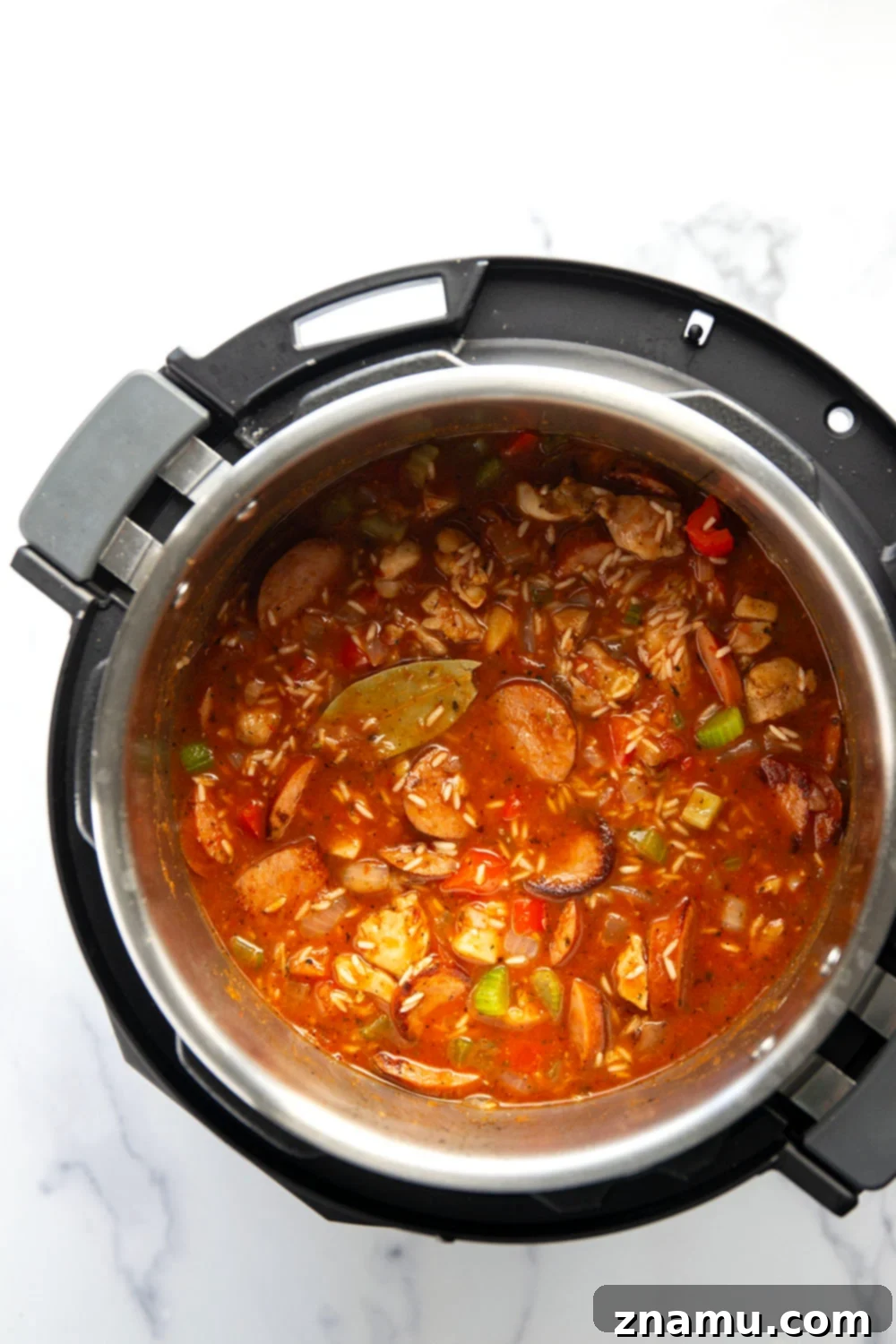 Effortless Cajun Instant Pot Jambalaya 3 Close-up of Instant Pot Jambalaya featuring seared chicken and Andouille sausage amidst fluffy, spiced rice and tender vegetables.