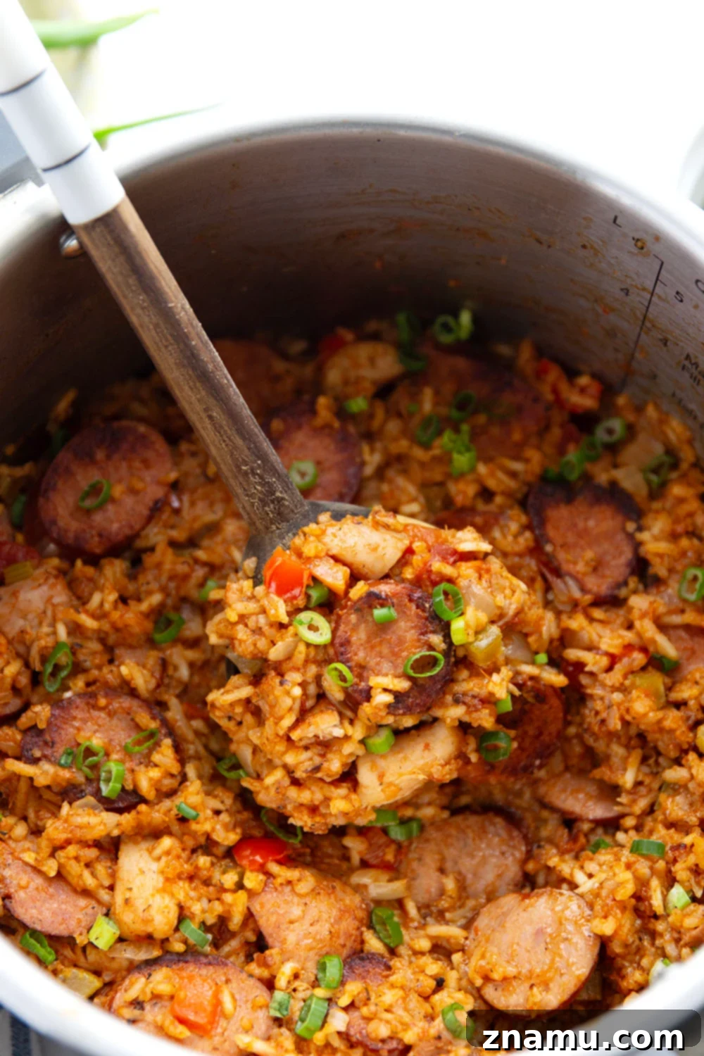 Effortless Cajun Instant Pot Jambalaya 5 A bowl of freshly cooked Instant Pot Jambalaya, ready to be served, garnished with green onions.