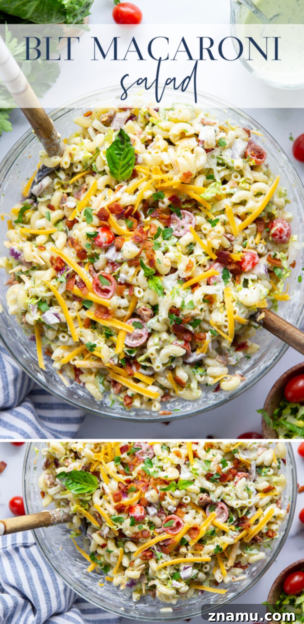 This BLT macaroni salad is packed with crispy bacon, shredded lettuce, juicy tomatoes, lots of shredded cheddar, and tossed in a perfectly creamy homemade herb ranch dressing.