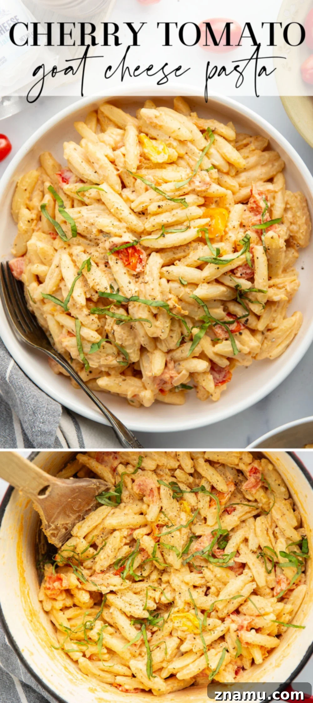 Mediterranean Goat Cheese Tomato Pasta 7 Juicy cherry tomatoes, creamy goat cheese, and lots of fresh basil dress up this easy goat cheese pasta that's ready in only 30 minutes.