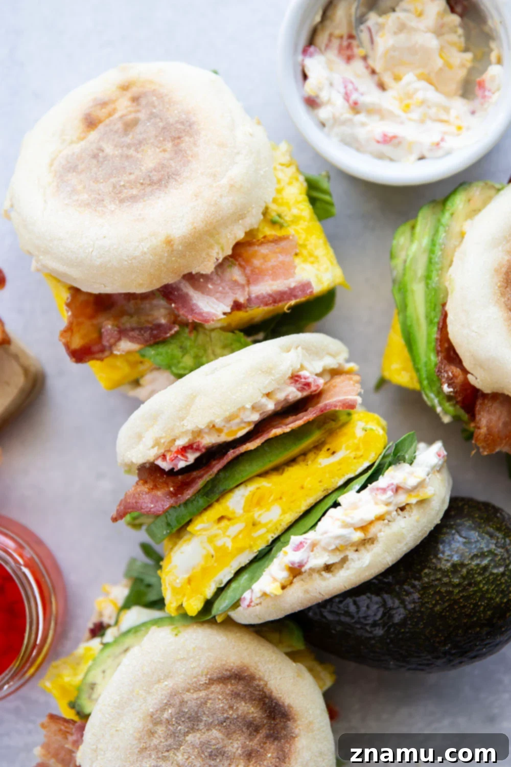 Southern Charm Pimento Breakfast 3 Flavorful homemade pimento cheese is the perfect breakfast sandwich addition alongside fluffy eggs, silky avocado, crispy bacon, and spring greens in this pimento cheese breakfast sandwich.