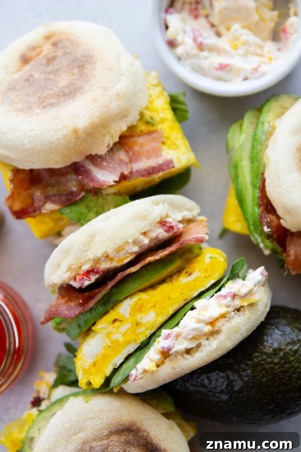Southern Charm Pimento Breakfast 5 Flavorful homemade pimento cheese is the perfect breakfast sandwich addition alongside fluffy eggs, silky avocado, crispy bacon, and spring greens in this pimento cheese breakfast sandwich.