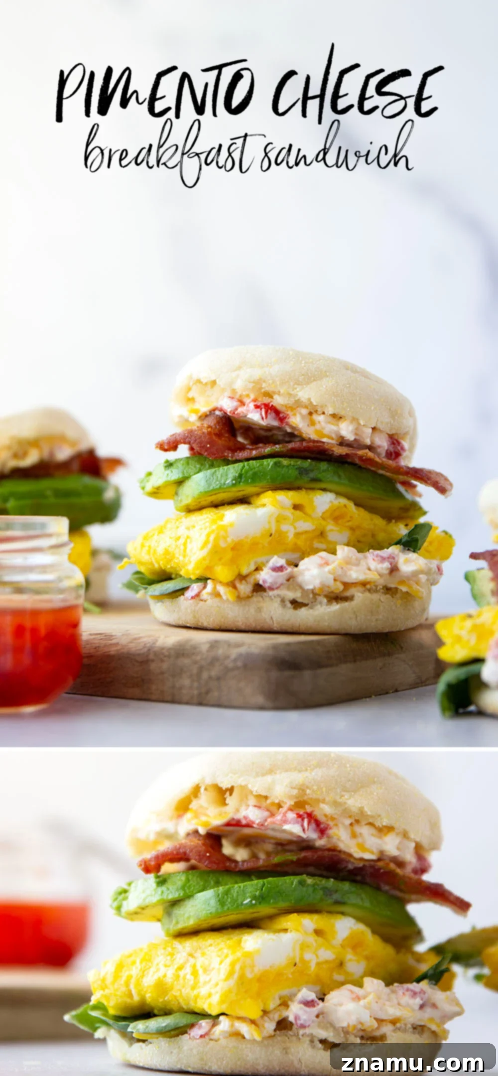 Southern Charm Pimento Breakfast 7 Flavorful homemade pimento cheese is the perfect breakfast sandwich addition alongside fluffy eggs, silky avocado, crispy bacon, and spring greens in this pimento cheese breakfast sandwich.