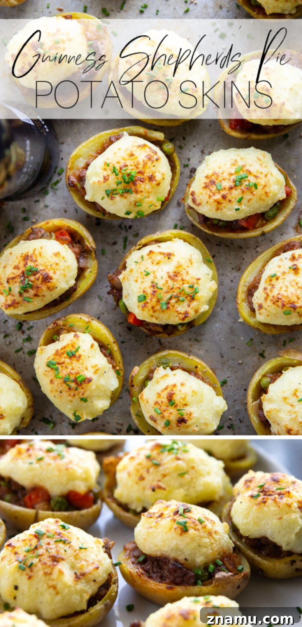 Guinness Shepherd's Pie Loaded Potato Skins 7 A large platter of Guinness Shepherd's Pie Potato Skins, beautifully arranged and garnished with fresh herbs, ready for serving at a party or family meal.