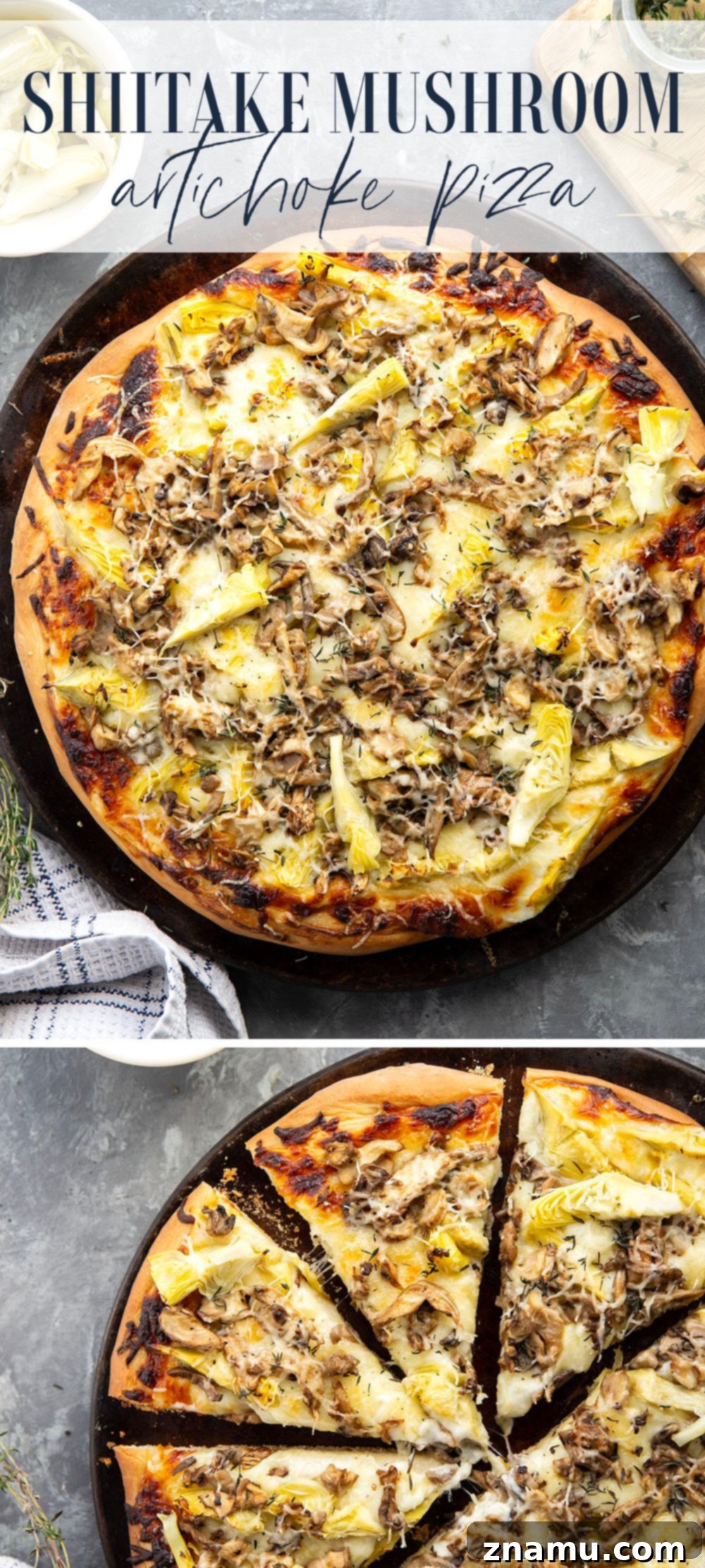 Gourmet Asiago Shiitake Mushroom Artichoke Pizza 7 This mushroom artichoke pizza features a creamy asiago alfredo sauce, buttery sauteed shiitake mushrooms, and lots of tender artichoke hearts.