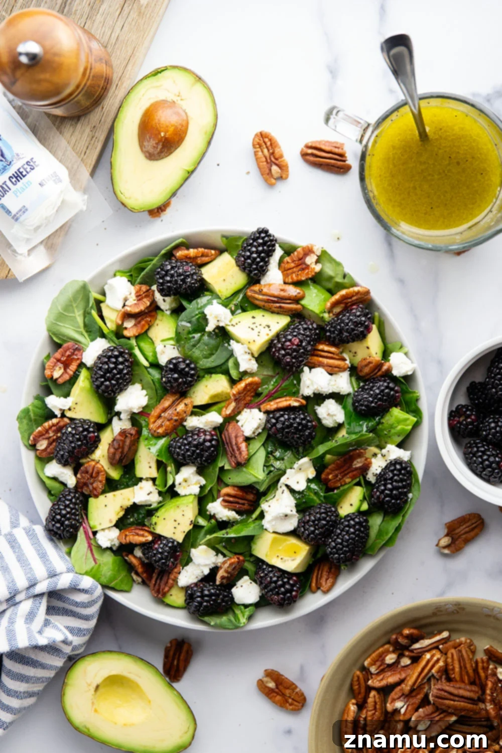 Blackberry Chèvre Salad with Zesty Citrus Poppyseed Vinaigrette 4 Overhead shot of Blackberry Goat Cheese Salad with dressing