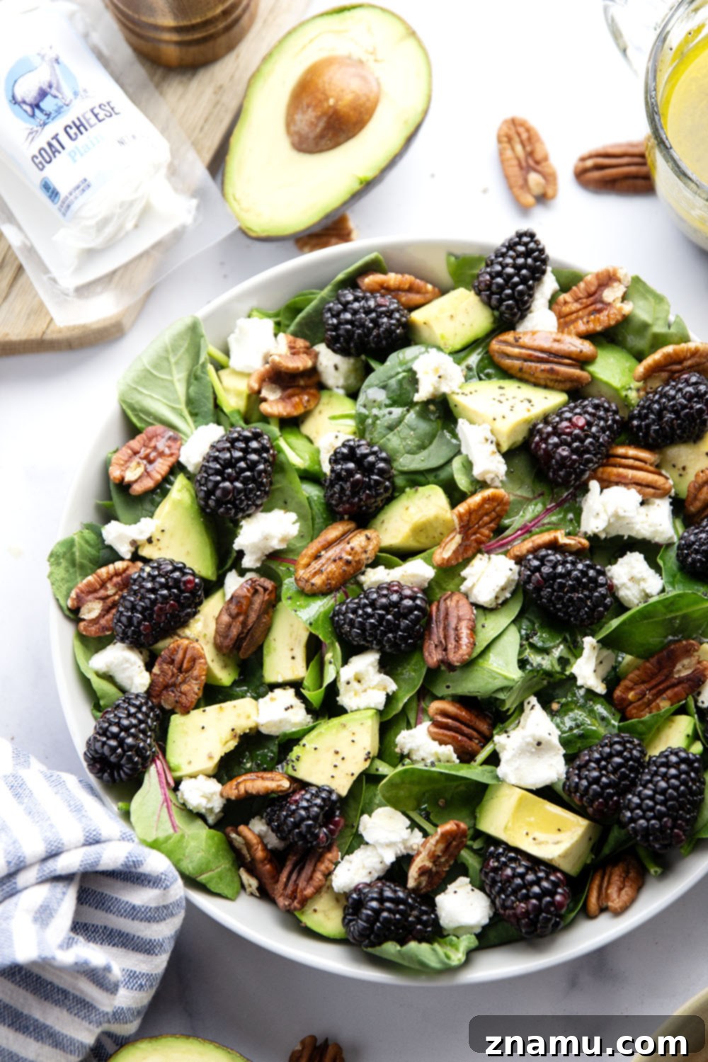 Blackberry Chèvre Salad with Zesty Citrus Poppyseed Vinaigrette 5 Ingredients laid out for making Blackberry Goat Cheese Salad